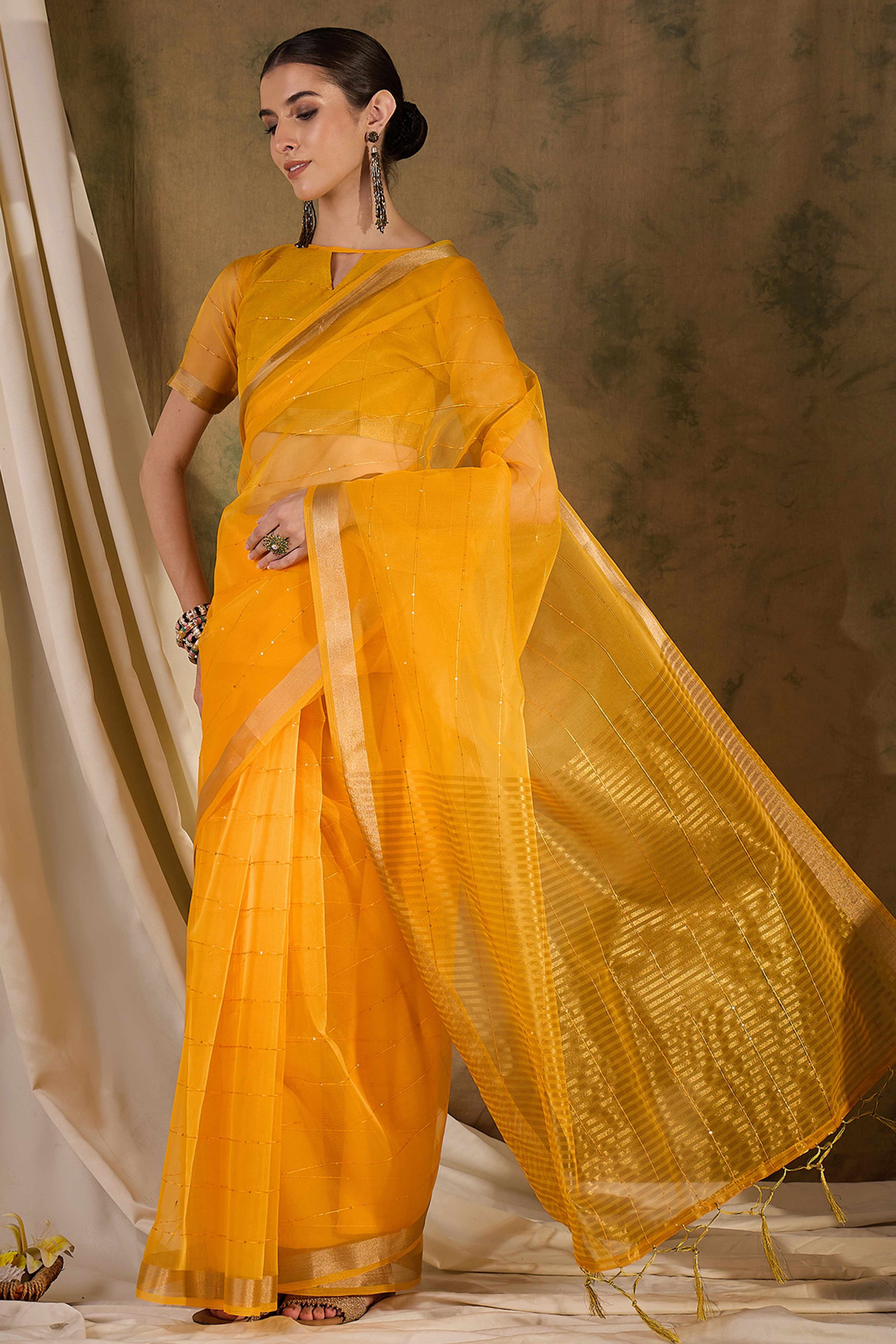 Yellow Organza Silk Saree Featuring Shimmering Sequins Embroidery & Elegant Tasselled Pallu - Image 3