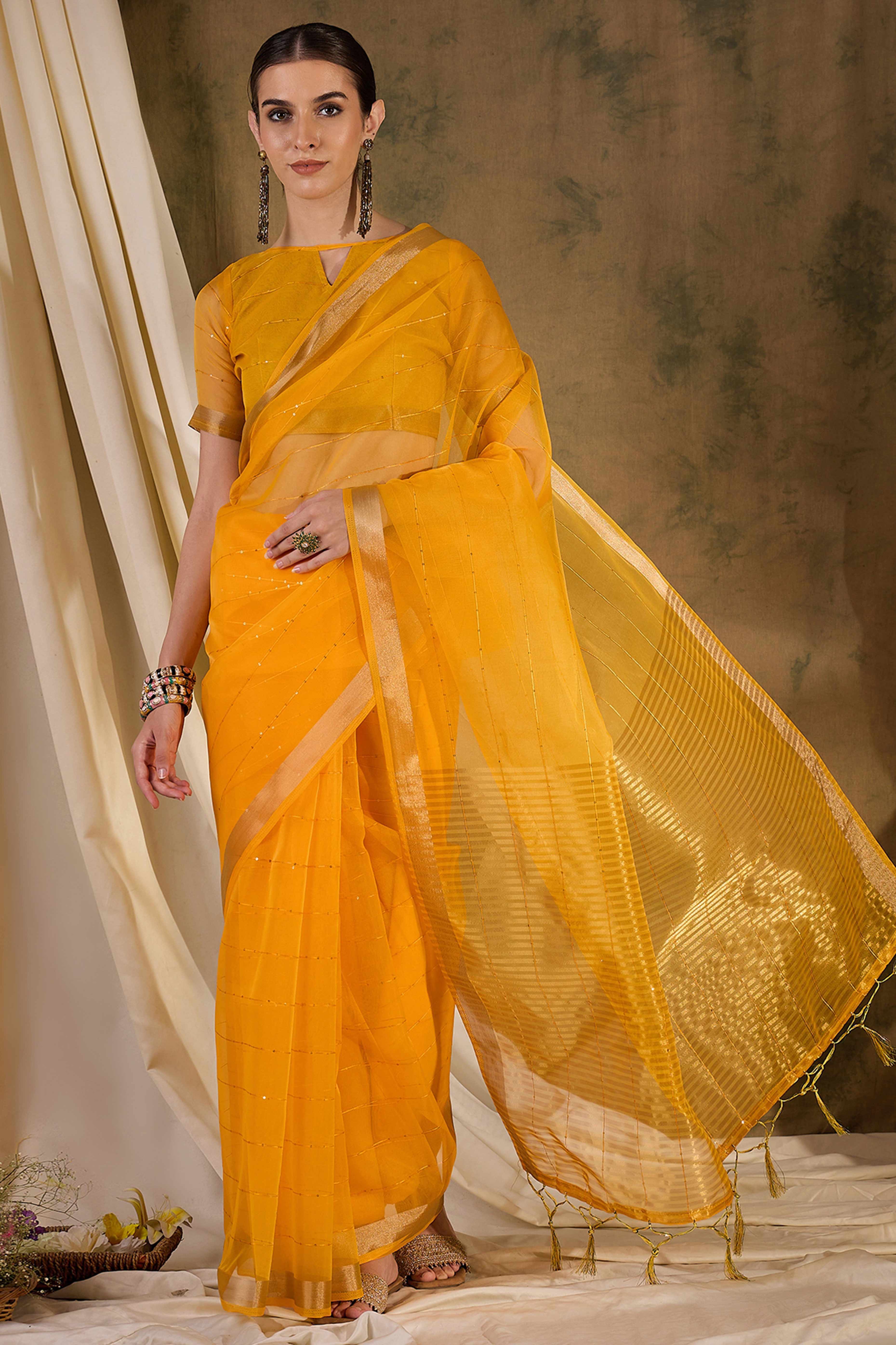 Yellow Organza Silk Saree Featuring Shimmering Sequins Embroidery & Elegant Tasselled Pallu - Image 4