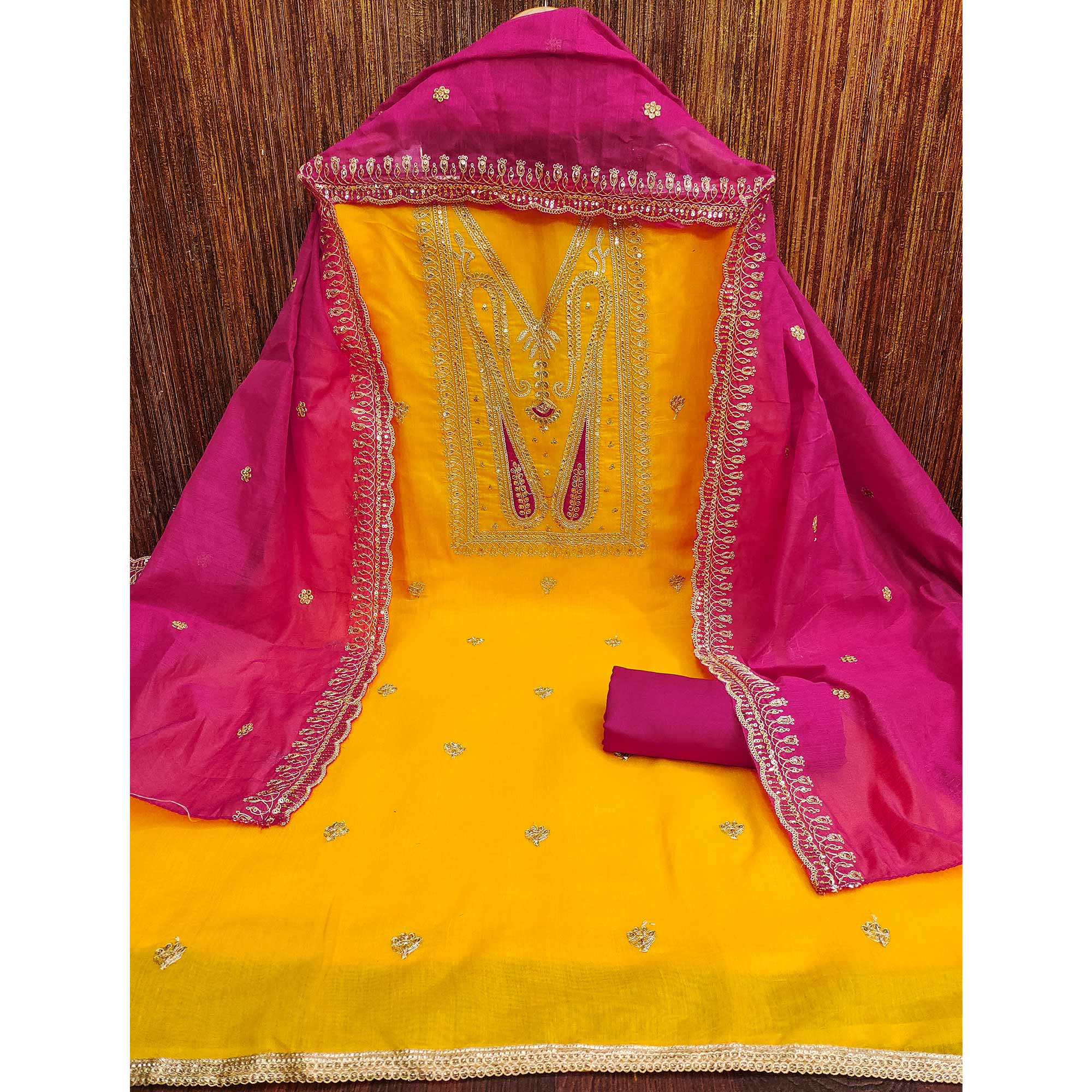 Yellow Paisley Embroidered Chanderi Dress Material - Image 3