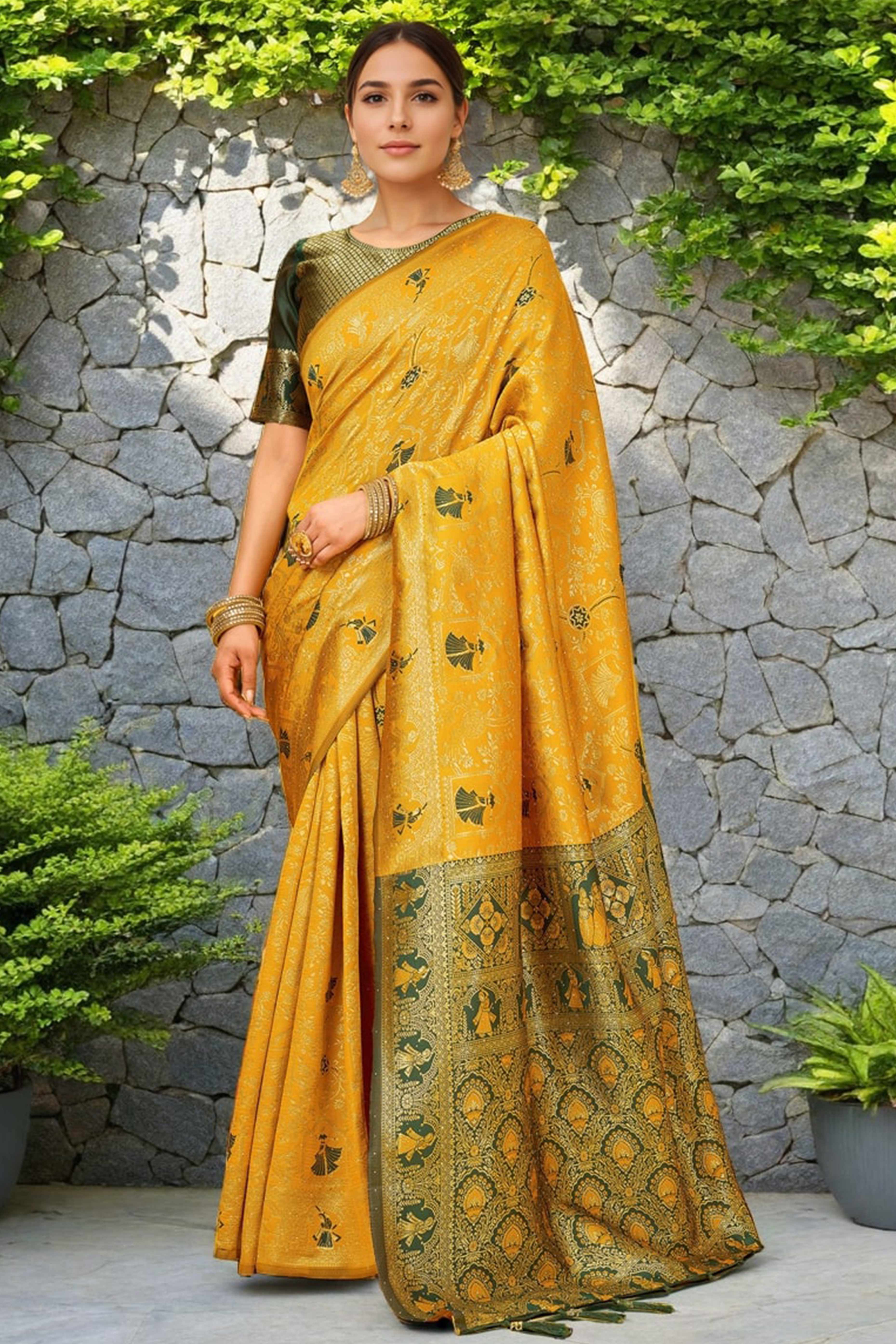 Yellow Paithani Saree In Silk Blend Highlighted With Floral Weaving & Tasselled Edge - Image 3