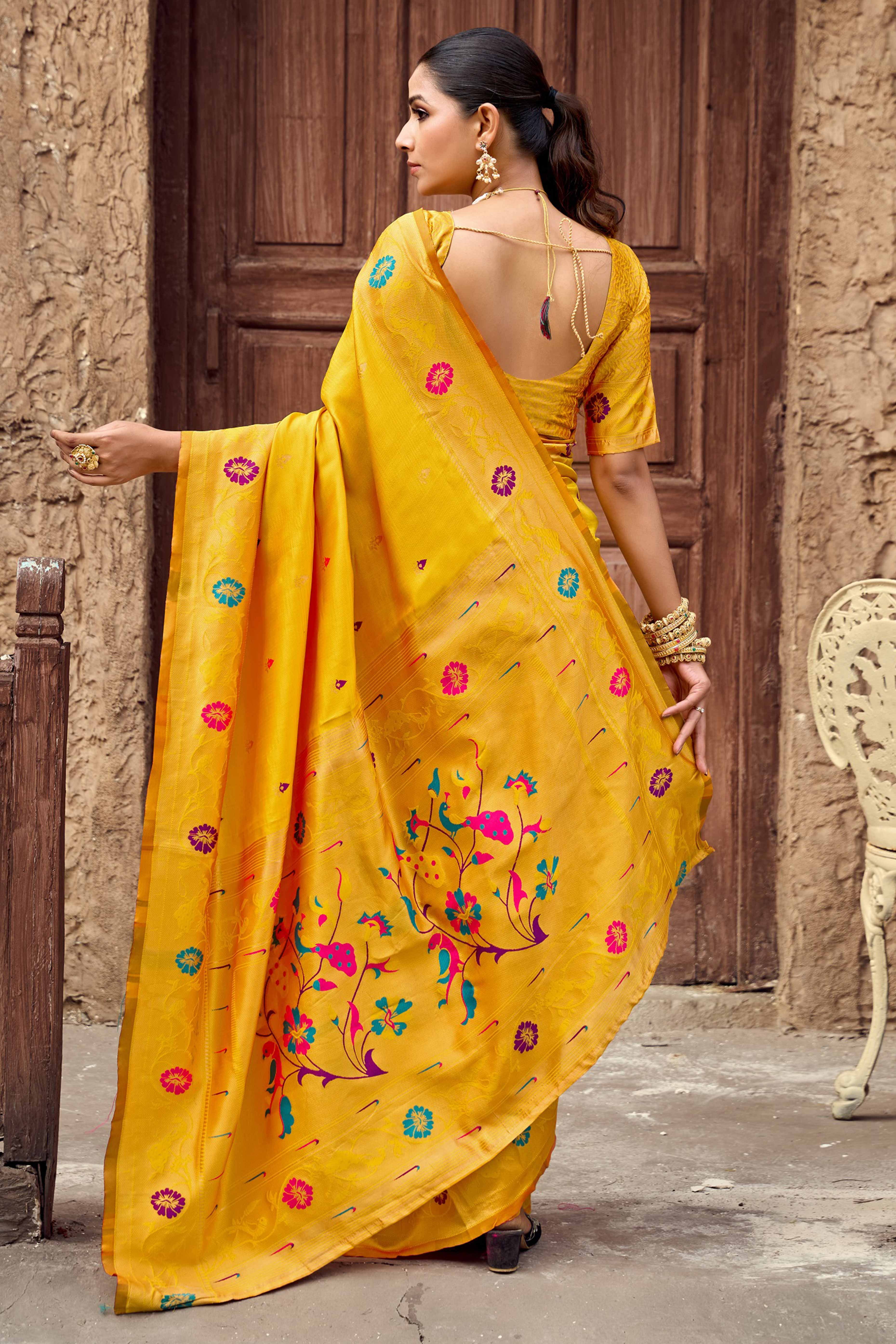 Yellow Paithani Style Soft Silk Saree with Zari Weaving - Image 5