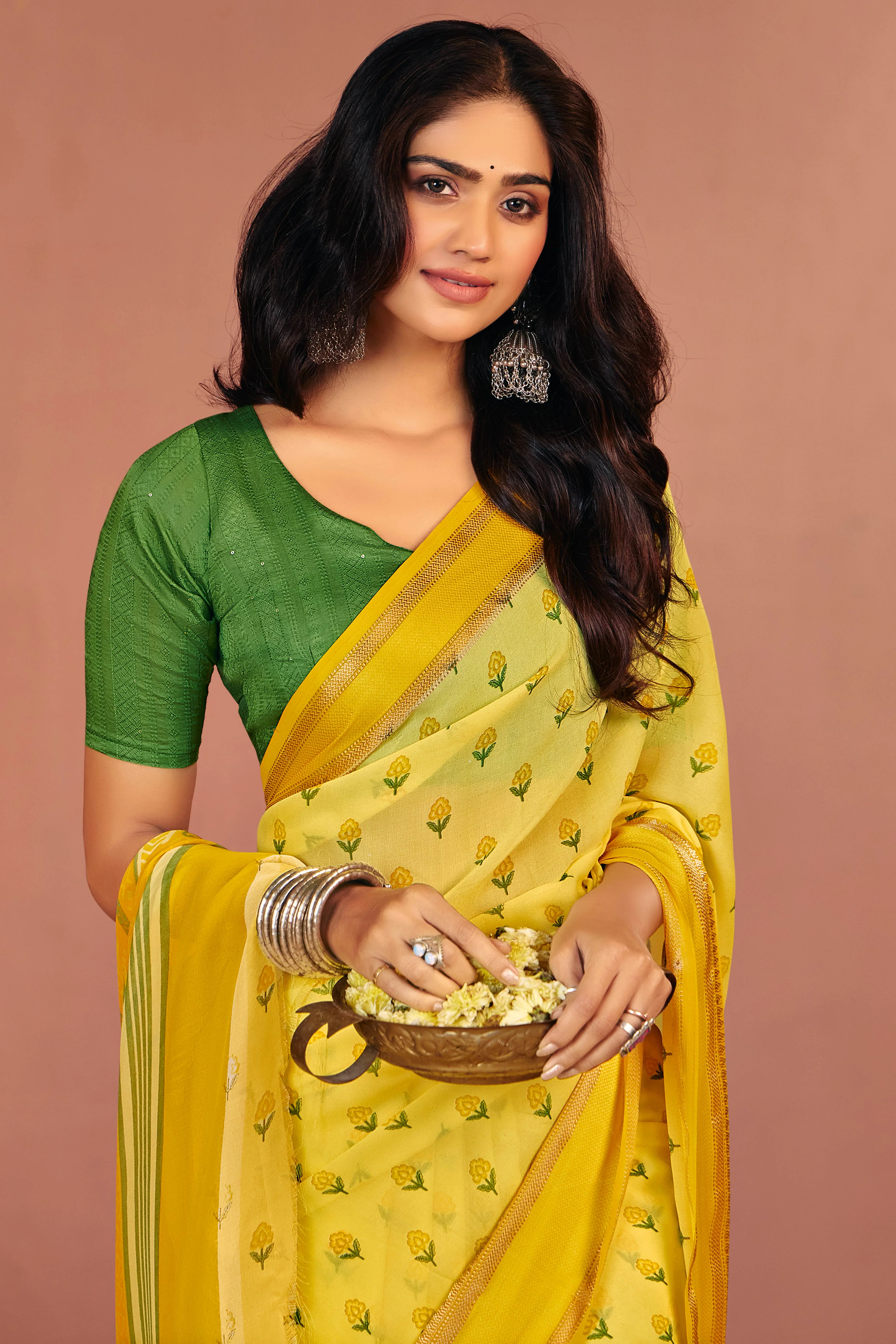 Yellow Partywear Georgette Saree with Floral Prints and Refined Woven Border - Image 3