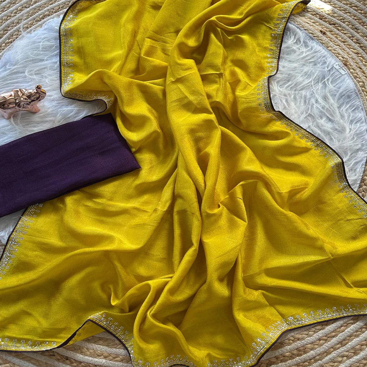 Yellow Partywear Vichitra Silk Saree Featuring Exquisite Swarovski Stone Work - Image 2