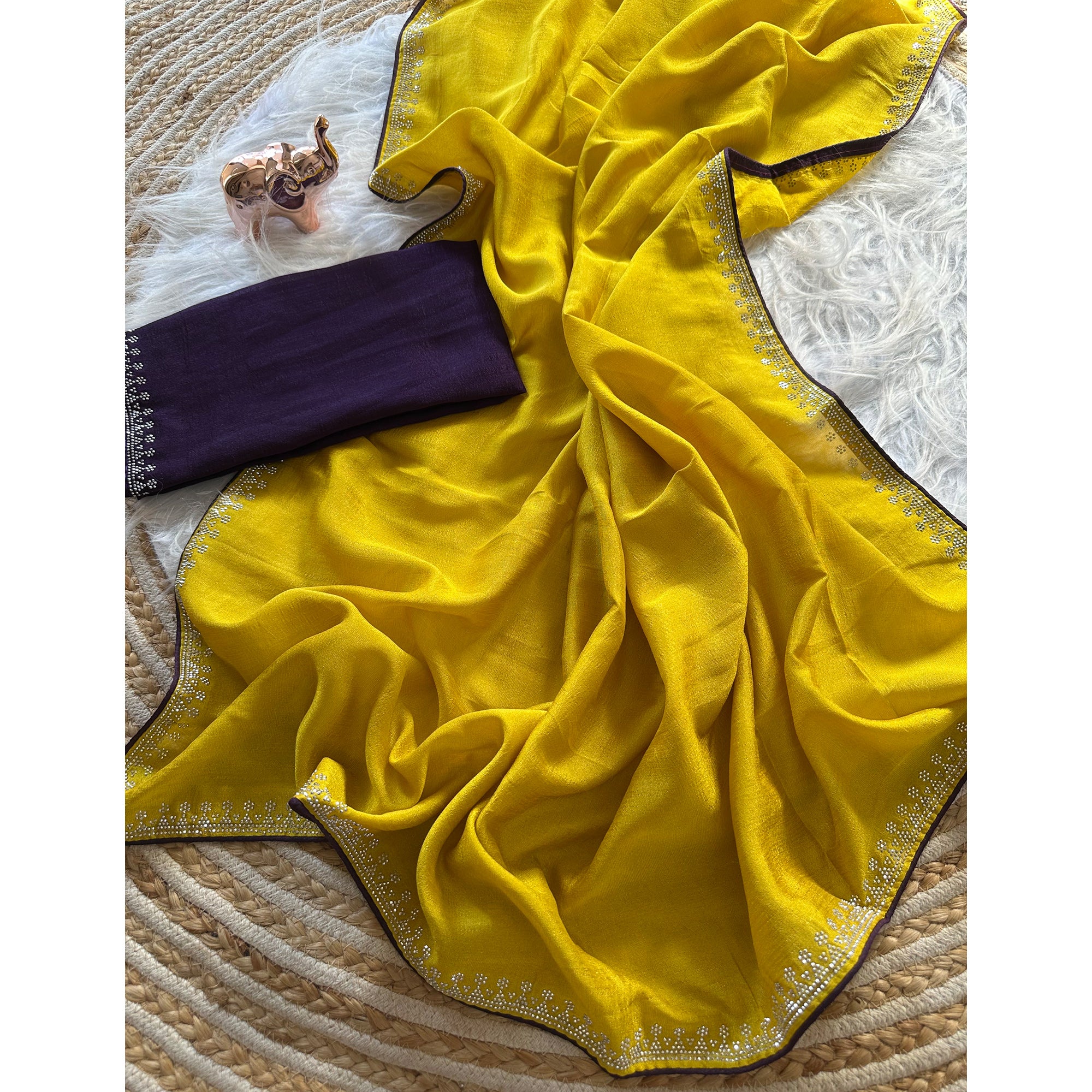 Yellow Partywear Vichitra Silk Saree Featuring Exquisite Swarovski Stone Work - Image 4