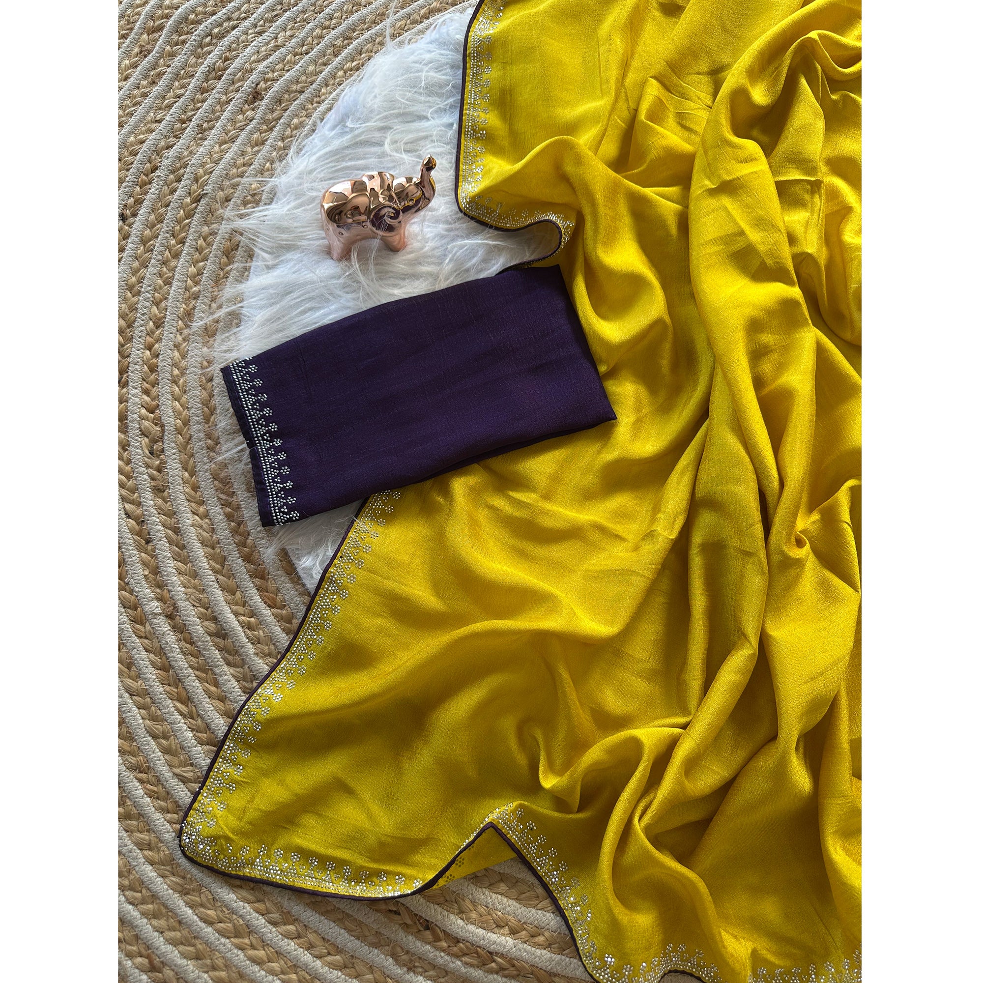 Yellow Partywear Vichitra Silk Saree Featuring Exquisite Swarovski Stone Work - Image 5