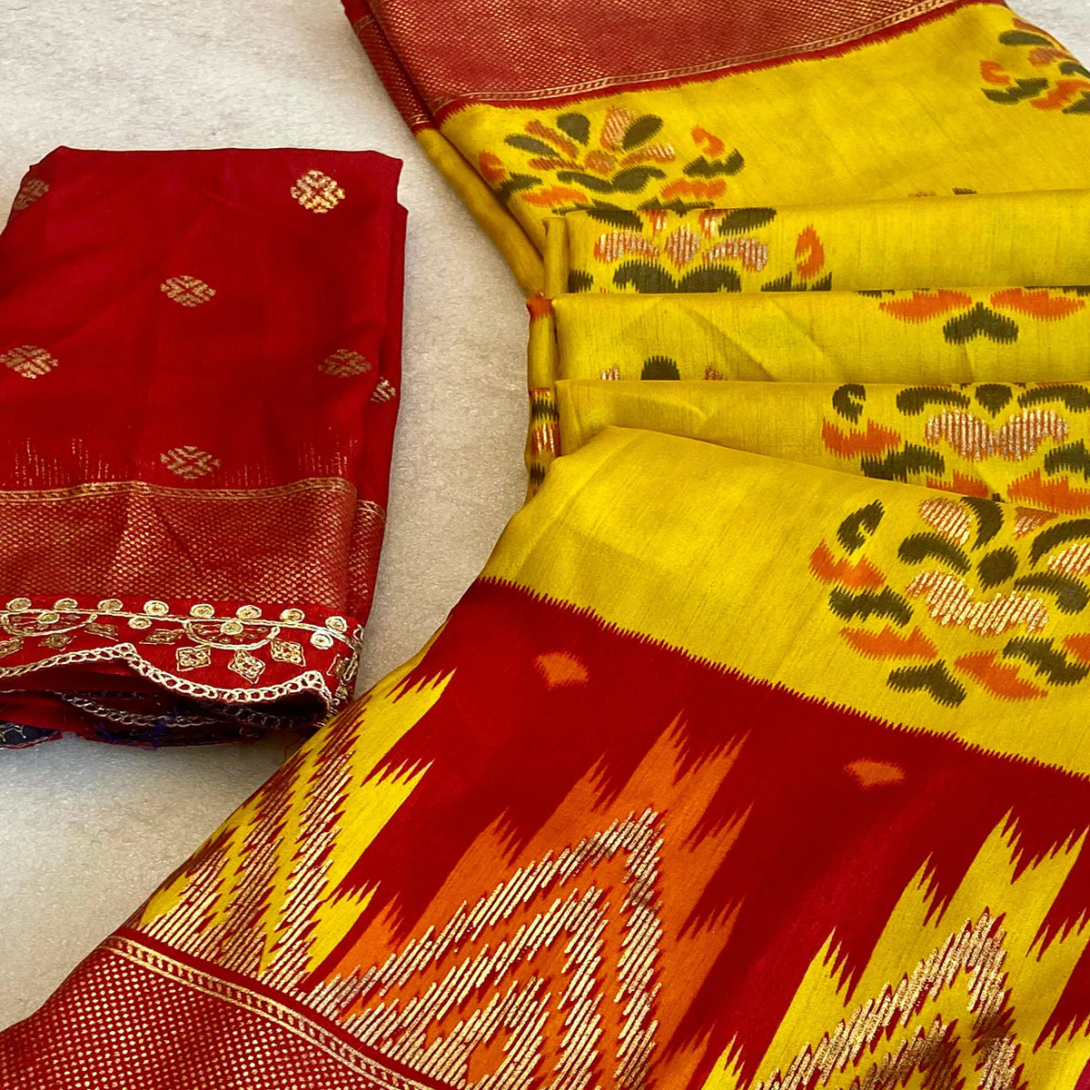 Yellow Patola Printed Dola Silk Saree With Sequins Border - Image 2