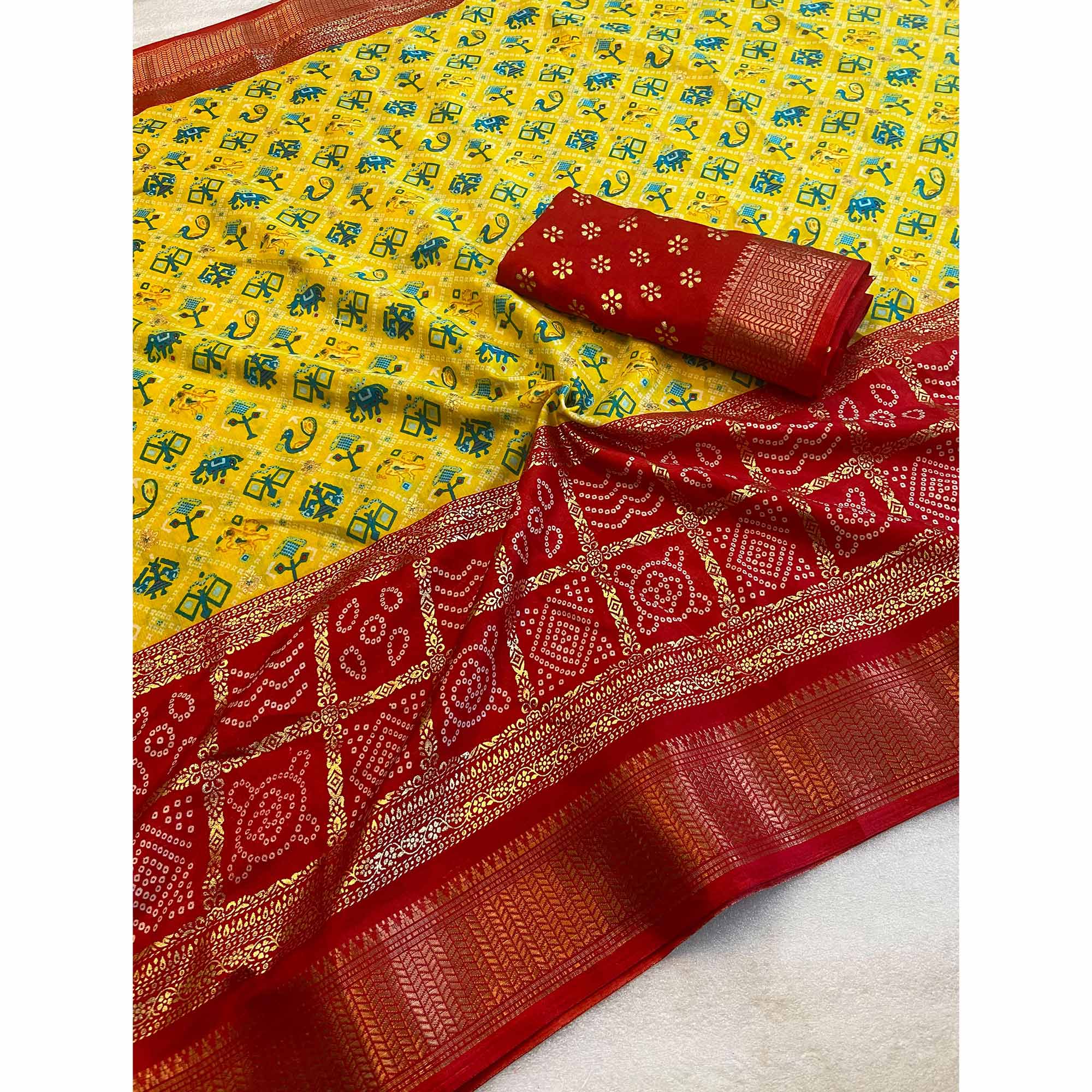 Yellow Patola Printed Dola Silk Saree With Zari Border - Image 3