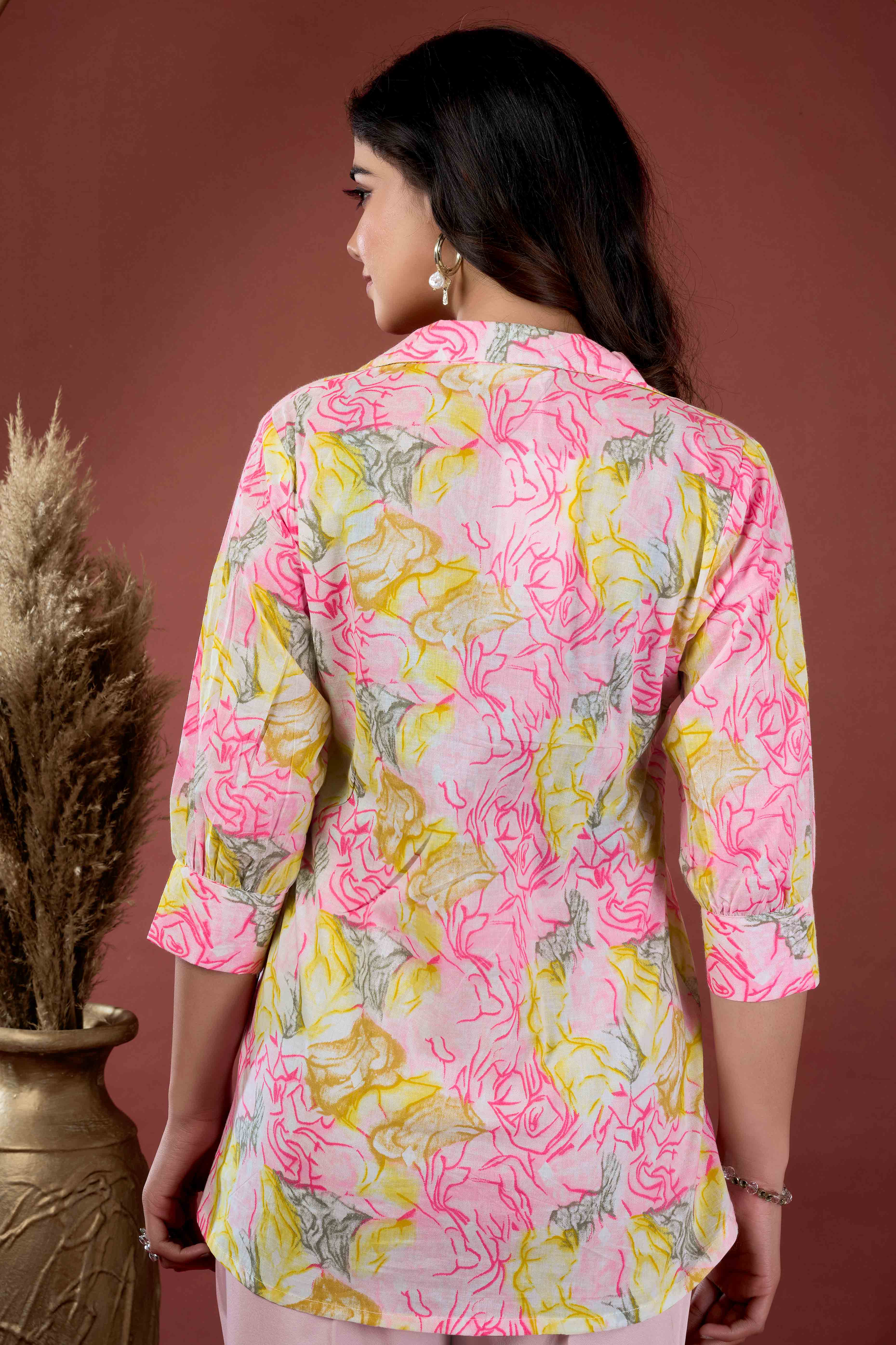 Yellow & Pink Floral Printed Pure Cotton A-Line Top - Image 4