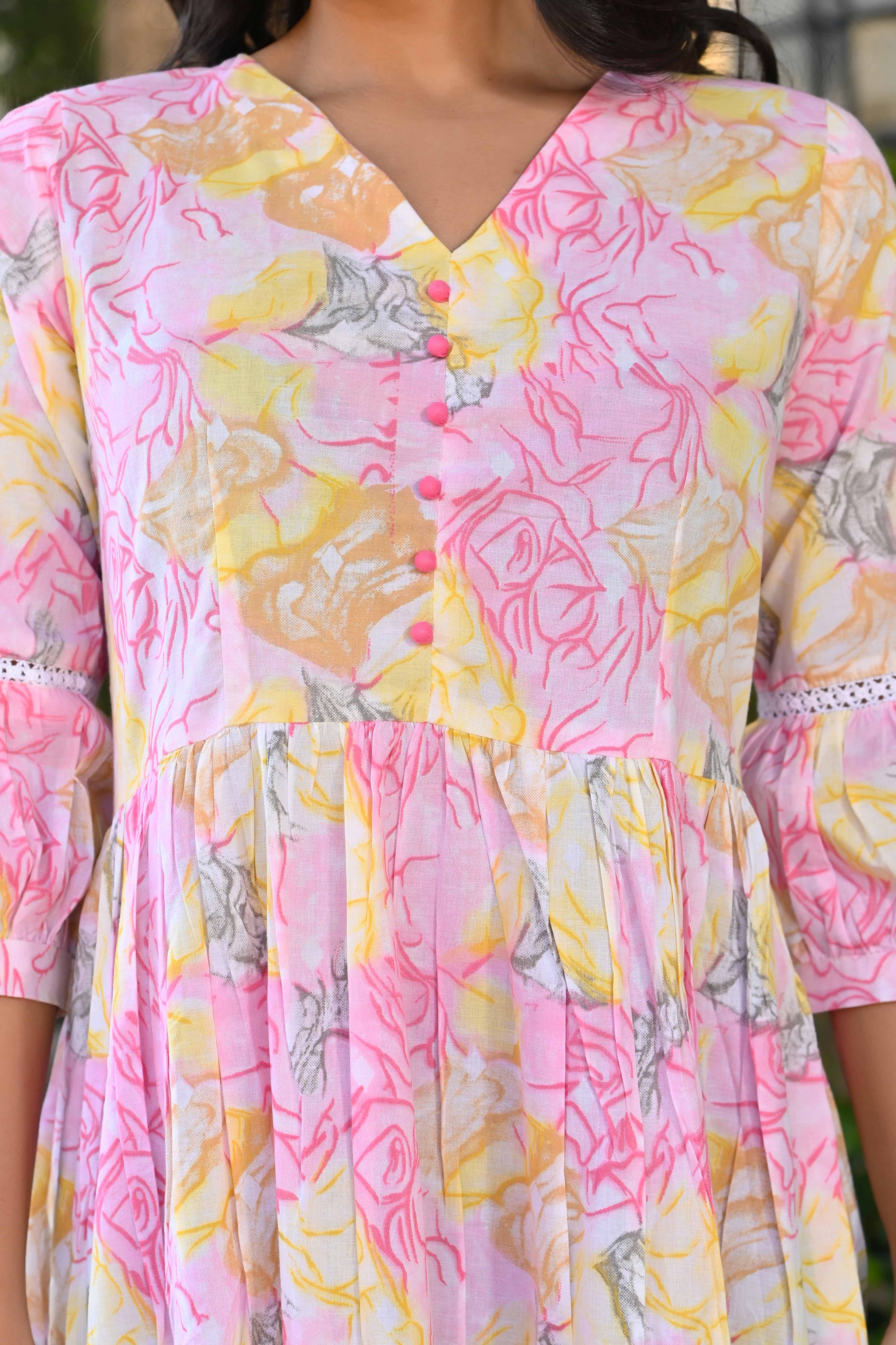 Yellow & Pink Floral Printed Pure Cotton Maxi Dress - Image 2