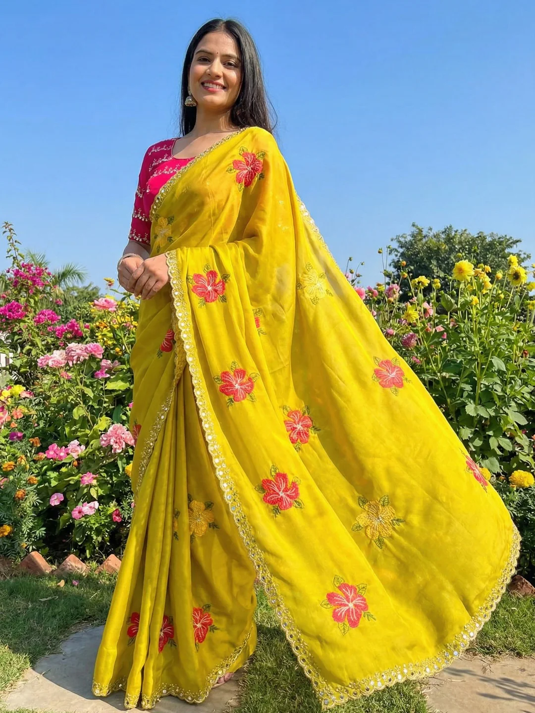 Yellow & Pink Floral Thread Work Saree Viscose Beautiful Mirror Border Festive Glamour