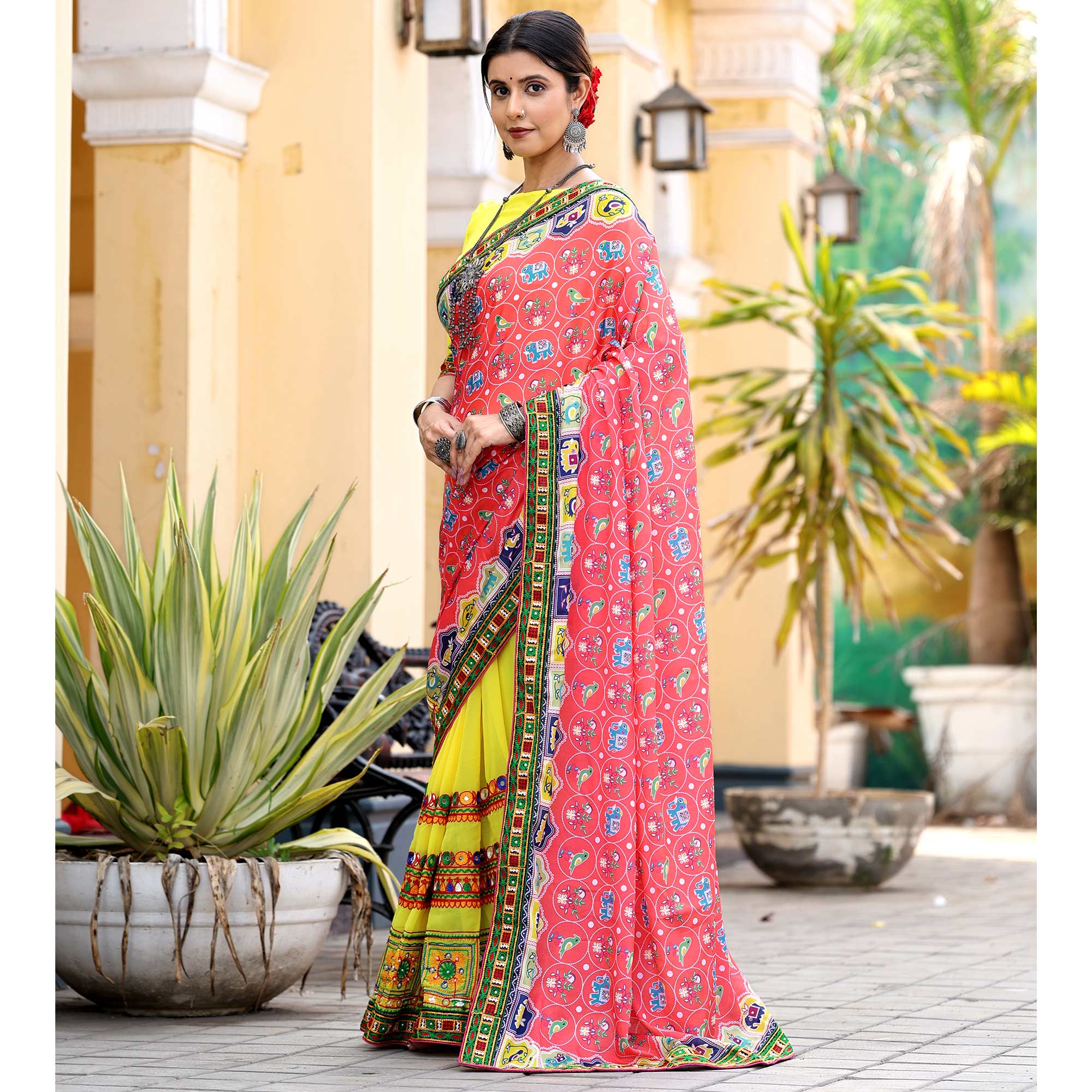 Yellow & Pink Patola Print With Embroidered Georgette Half & Half Saree - Image 4