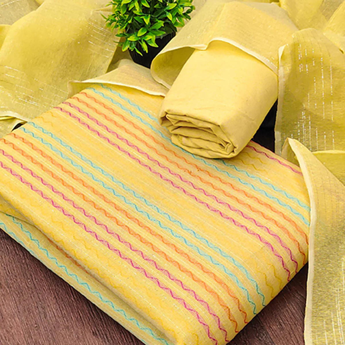 Yellow Poly Cotton Blend Dress Material Highlighted With Striped Woven Work - Image 2