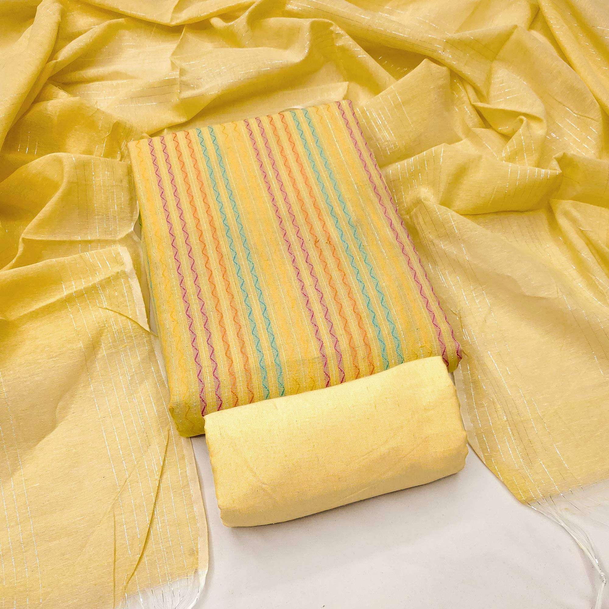 Yellow Poly Cotton Blend Dress Material Highlighted With Striped Woven Work - Image 3