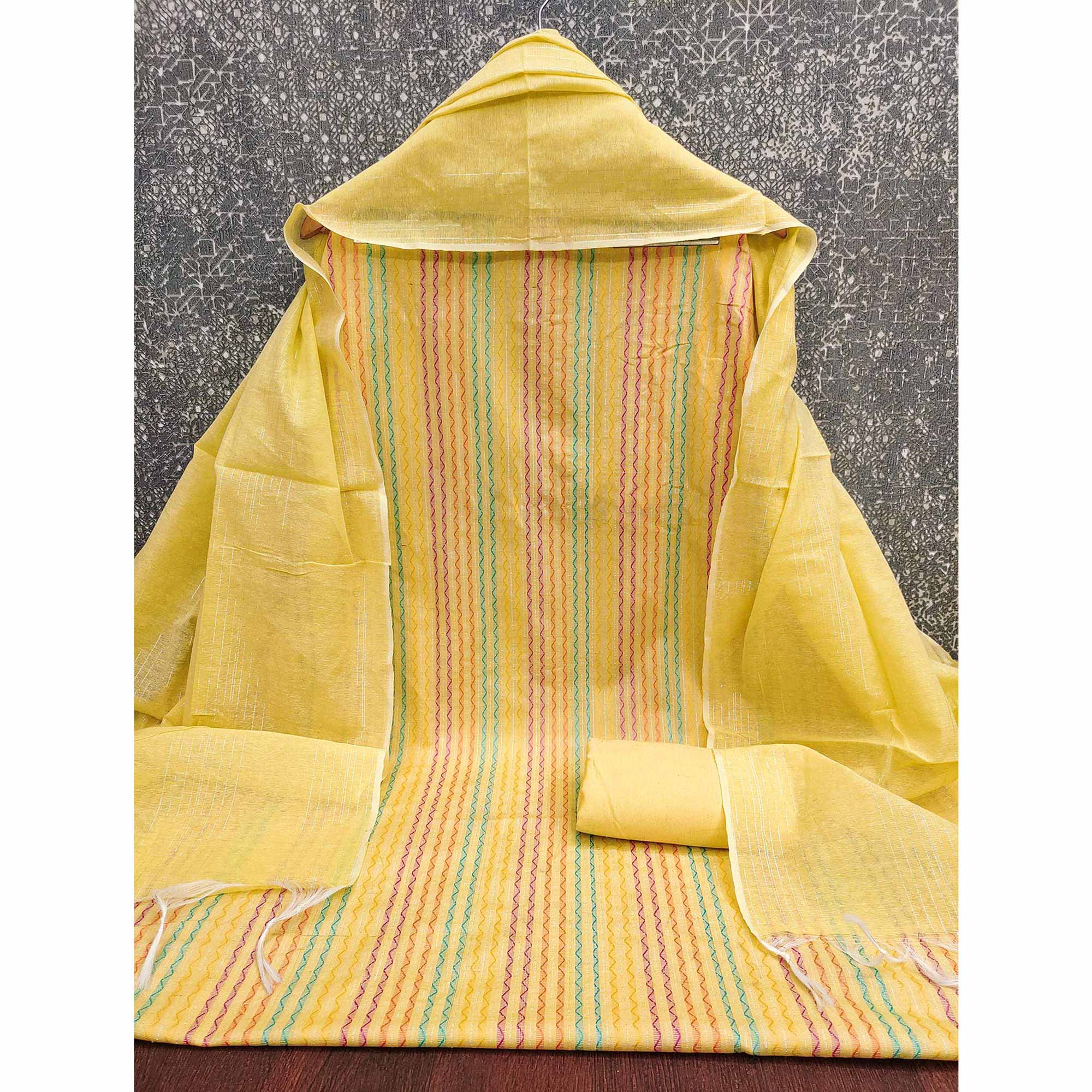 Yellow Poly Cotton Blend Dress Material Highlighted With Striped Woven Work - Image 4