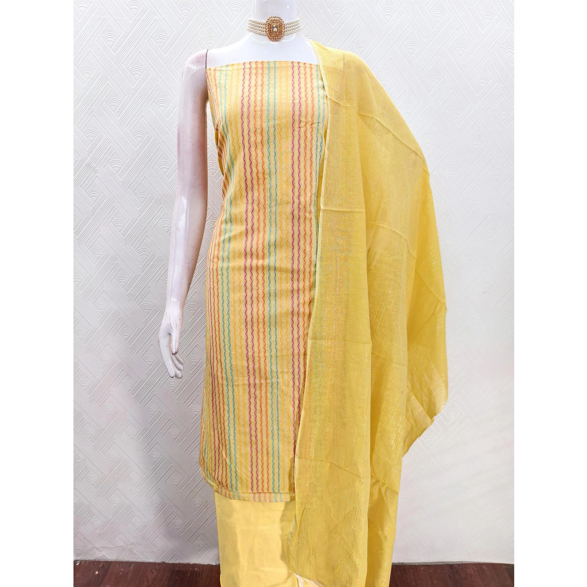 Yellow Poly Cotton Blend Dress Material Highlighted With Striped Woven Work - Image 5