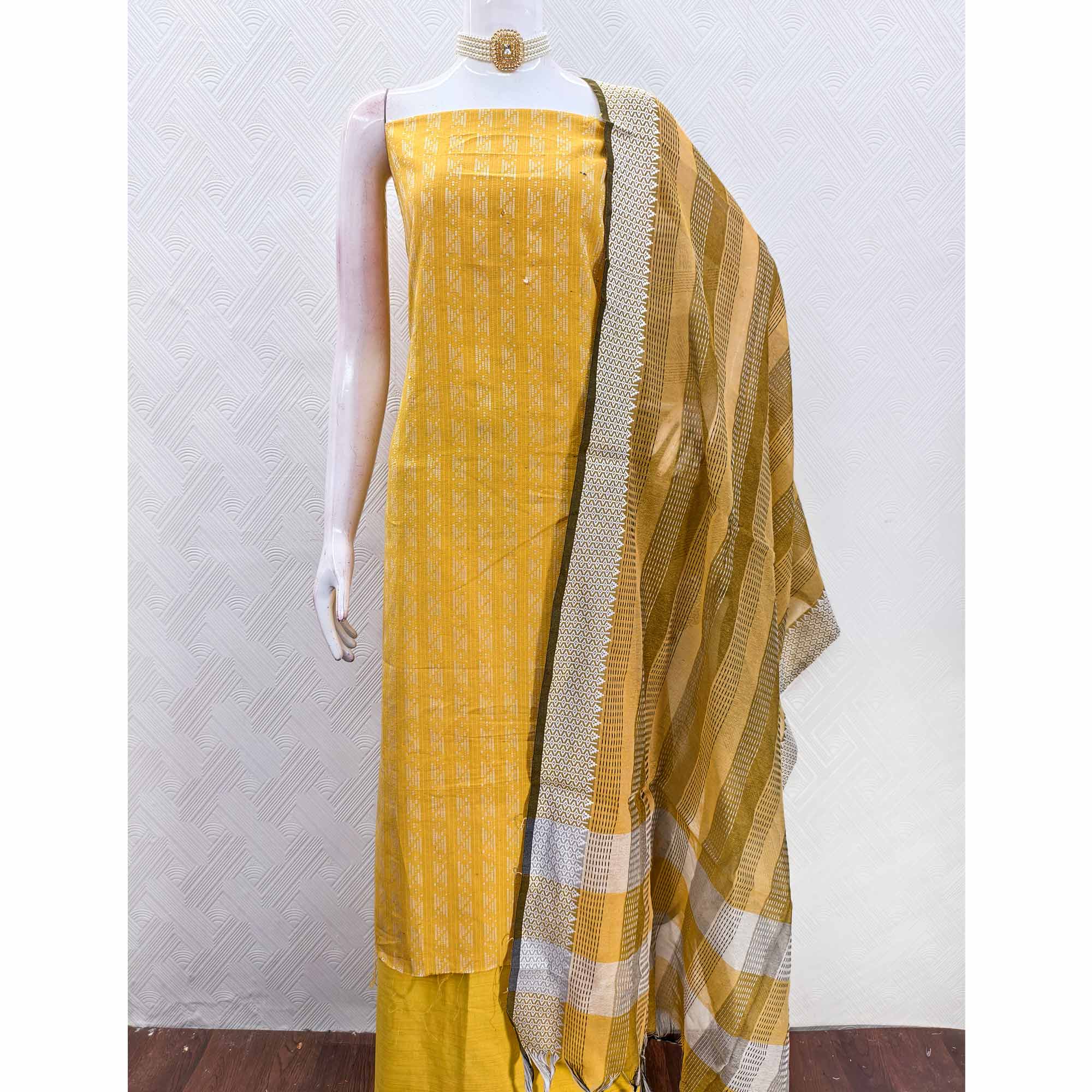 Yellow Poly Cotton Blend Dress Material With Striped Pattern Weaving Work - Image 5