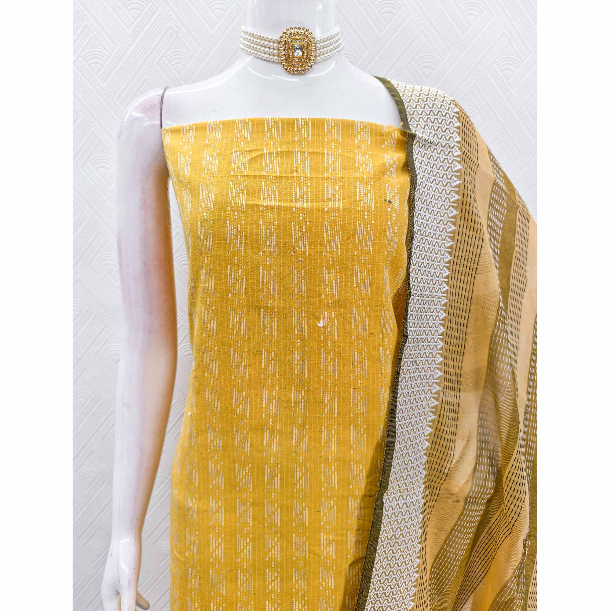 Yellow Poly Cotton Blend Dress Material With Striped Pattern Weaving Work - Image 6