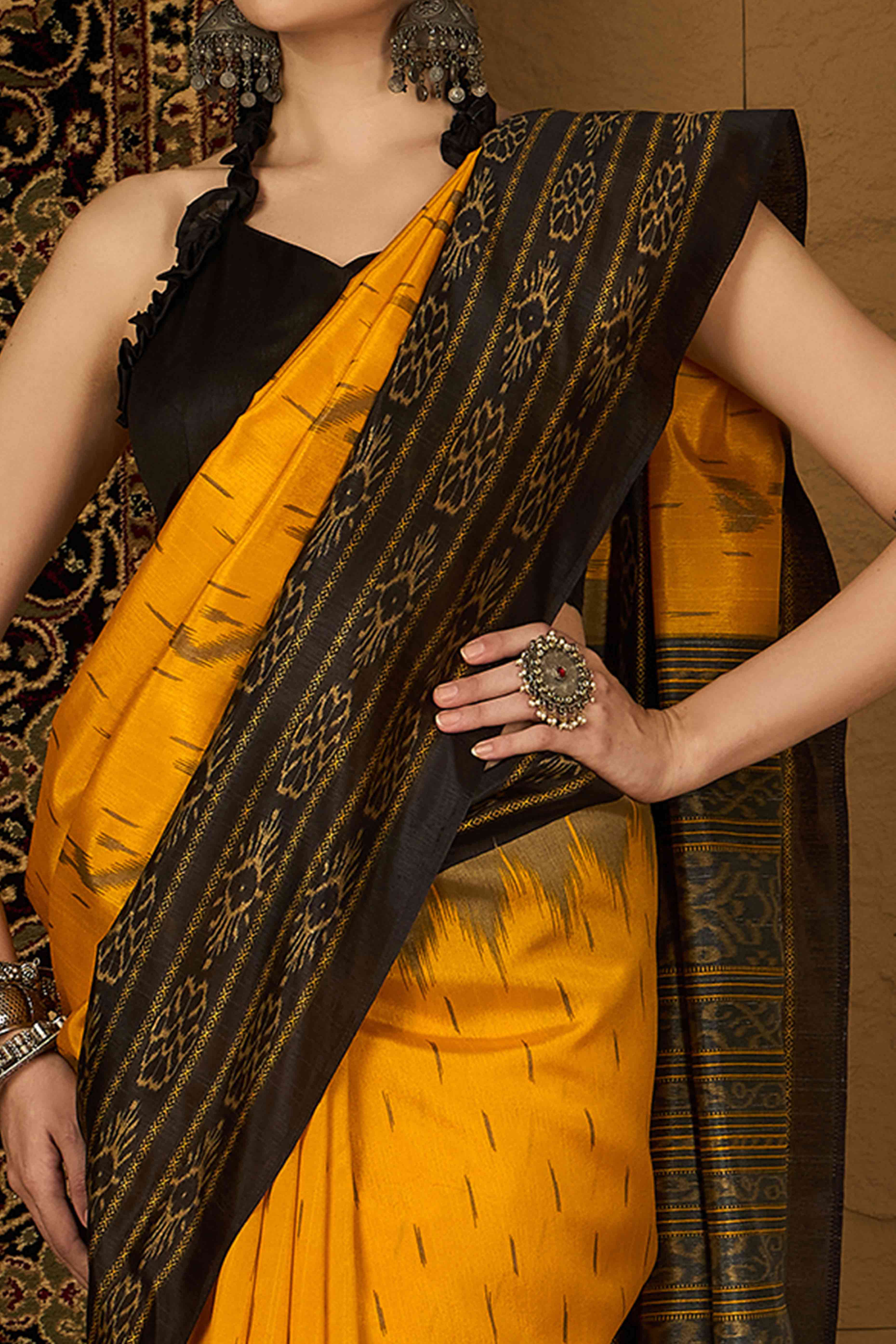 Yellow Printed Bhagalpuri Silk Saree - Image 2