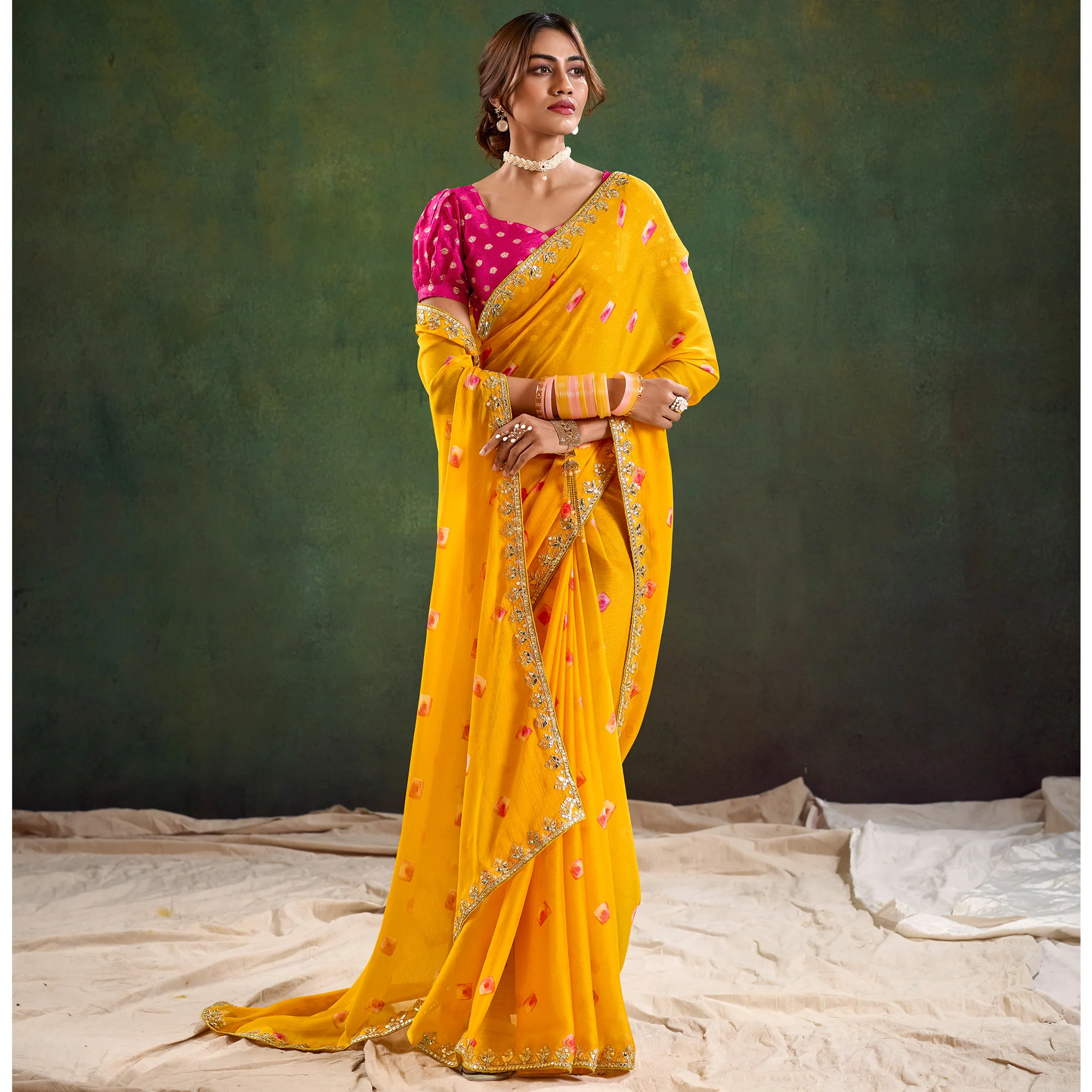 Yellow Printed Chiffon Saree With Sequins Border - Image 4