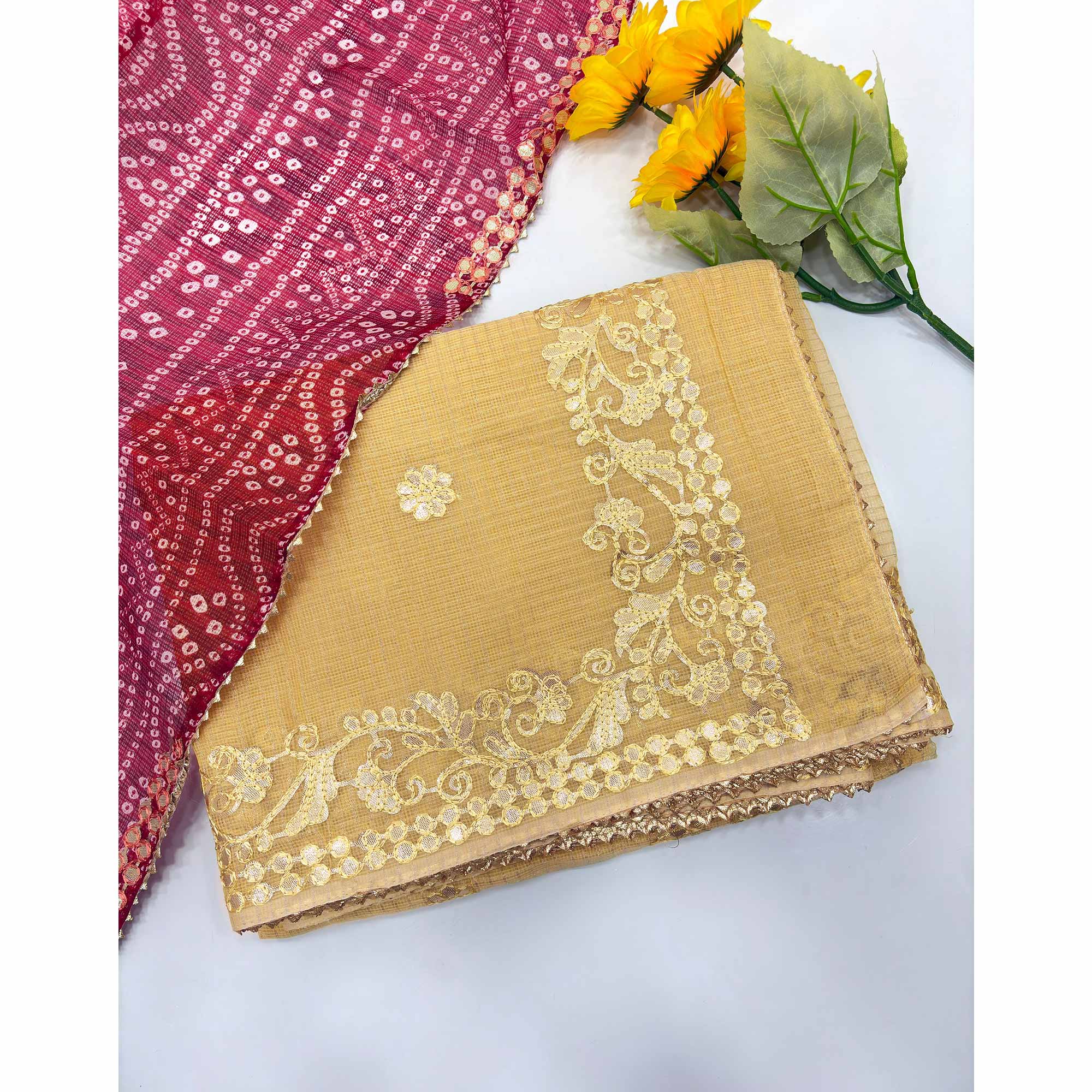 Yellow Pure Kota Doria Saree Adorned with Exquisite Gota Work Embroidery - Image 5
