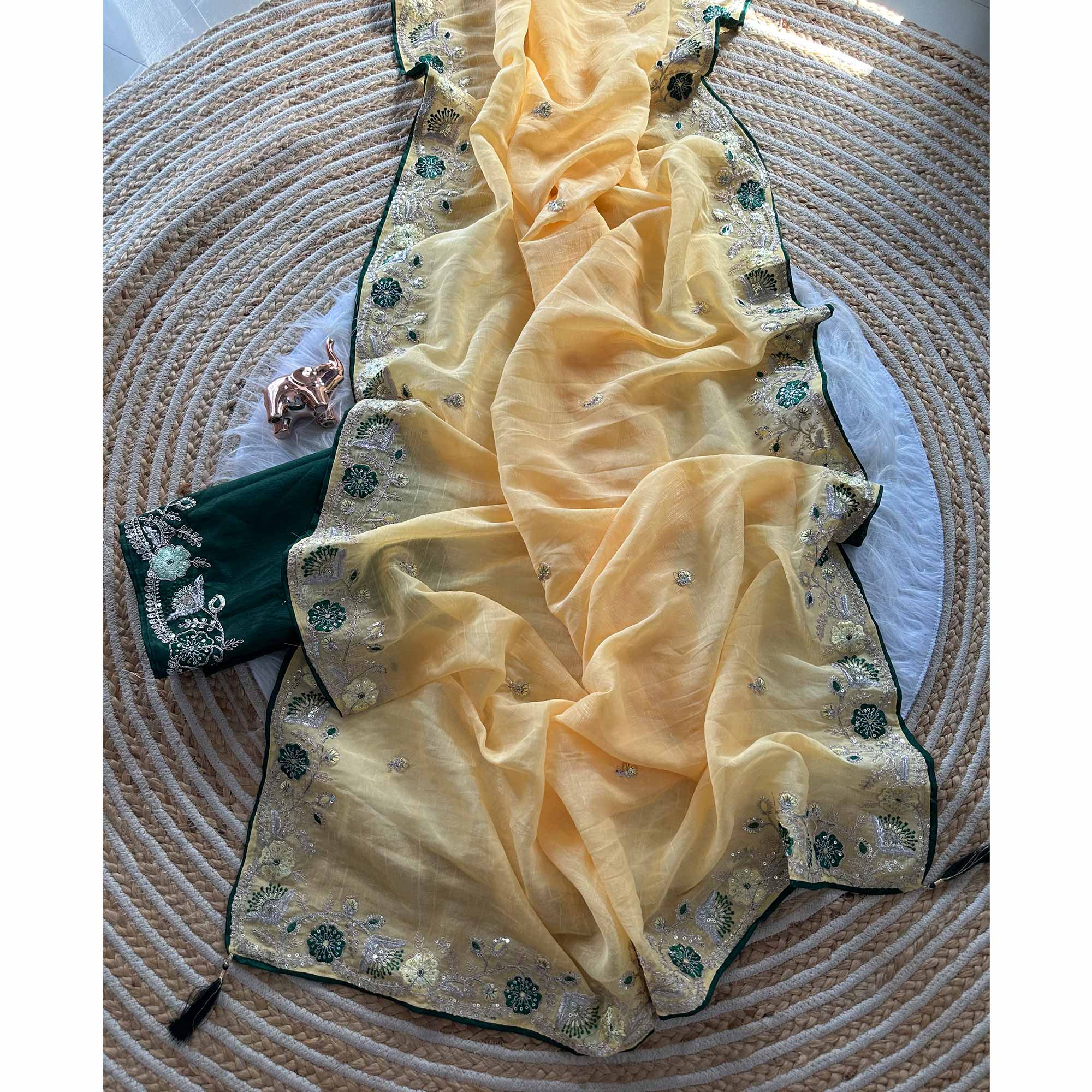 Yellow Pure Silk Saree Showcasing Floral Sequins Embroidery With A Decorative Tassel Pallu - Image 3