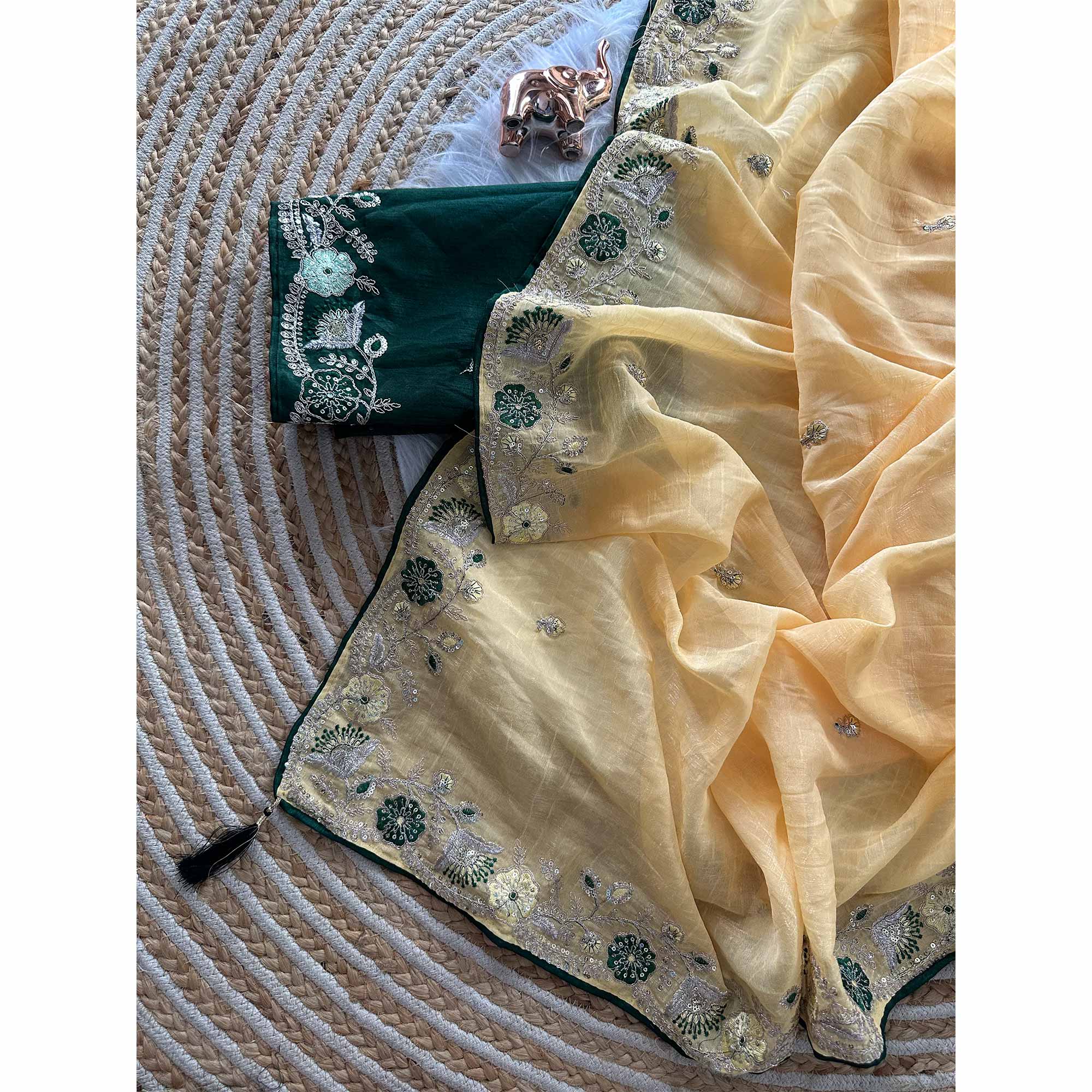 Yellow Pure Silk Saree Showcasing Floral Sequins Embroidery With A Decorative Tassel Pallu - Image 4