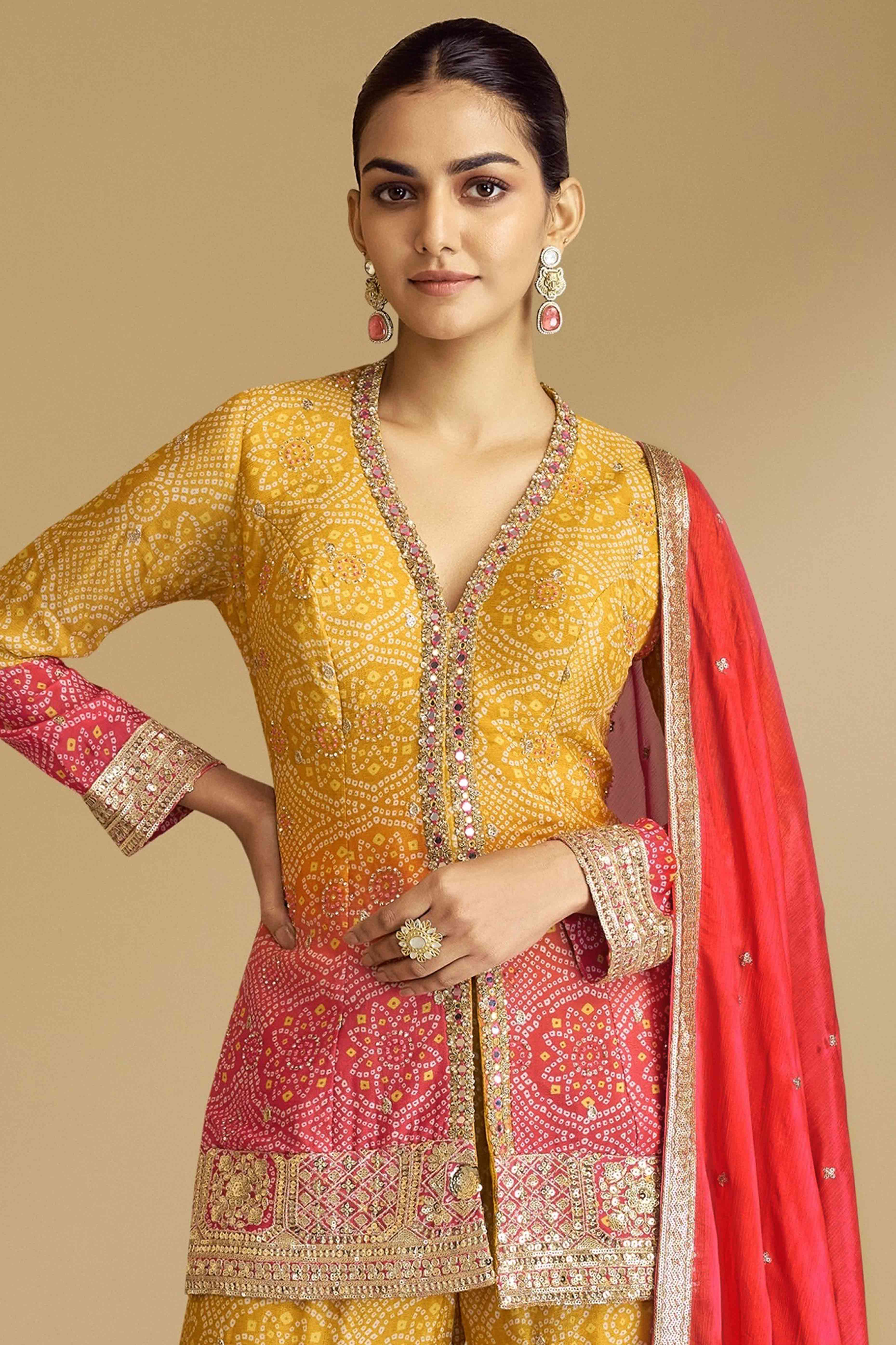 Yellow & Red Bandhani Print With Sequins Embroidered Chinon Palazzo Suit - Image 3