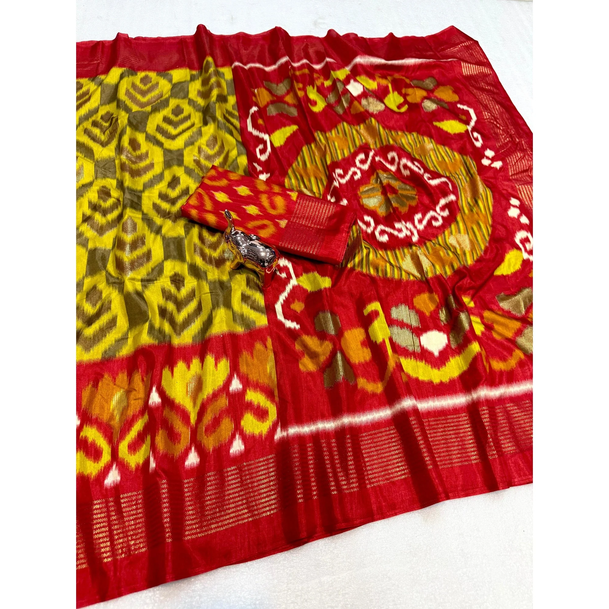 Yellow & Red Ikkat Woven Dola Silk Saree Accented with Zari Border - Image 2