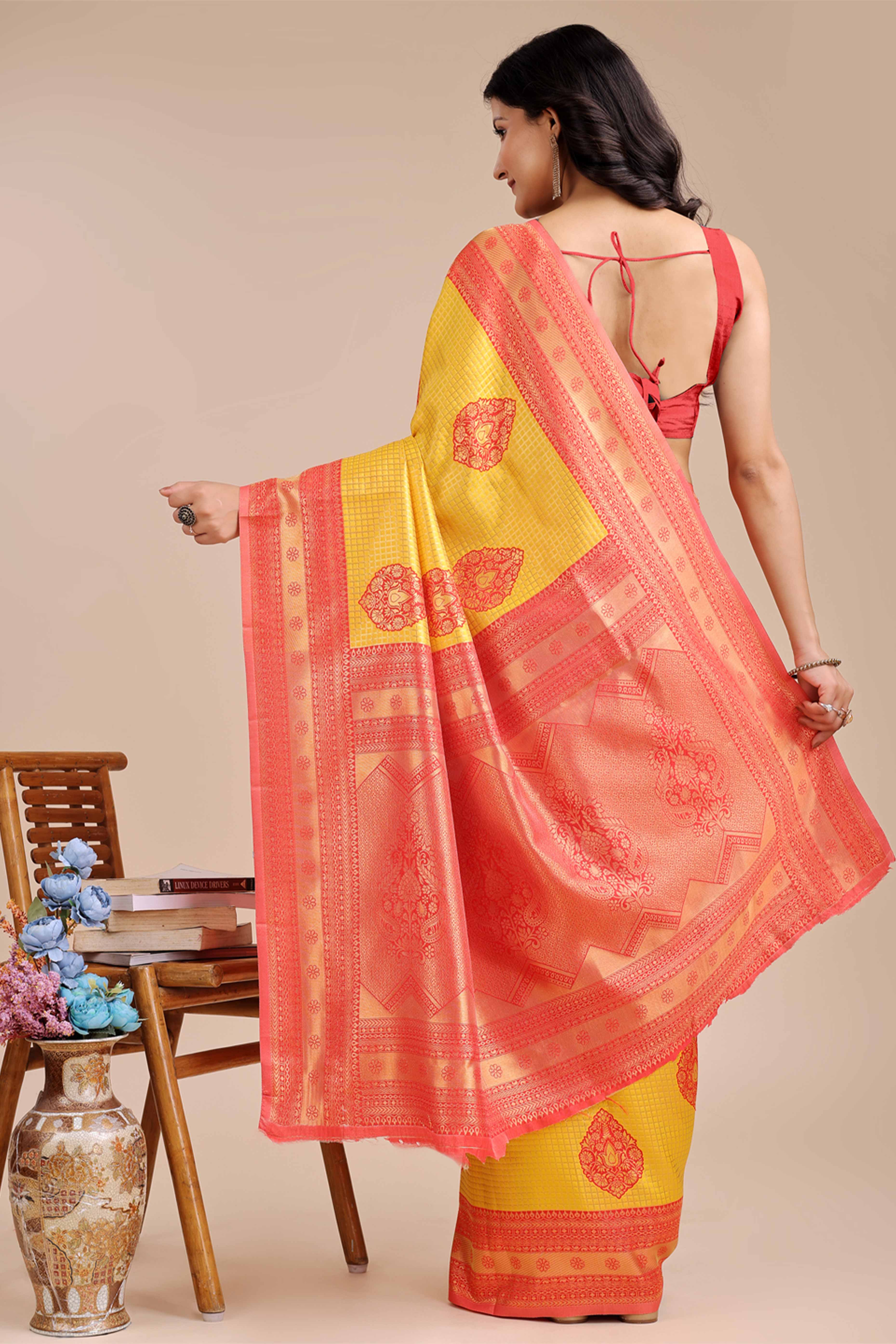 Yellow & Red Saree in Pure Banarasi Silk with Intricate Zari Borders and Motifs - Image 5
