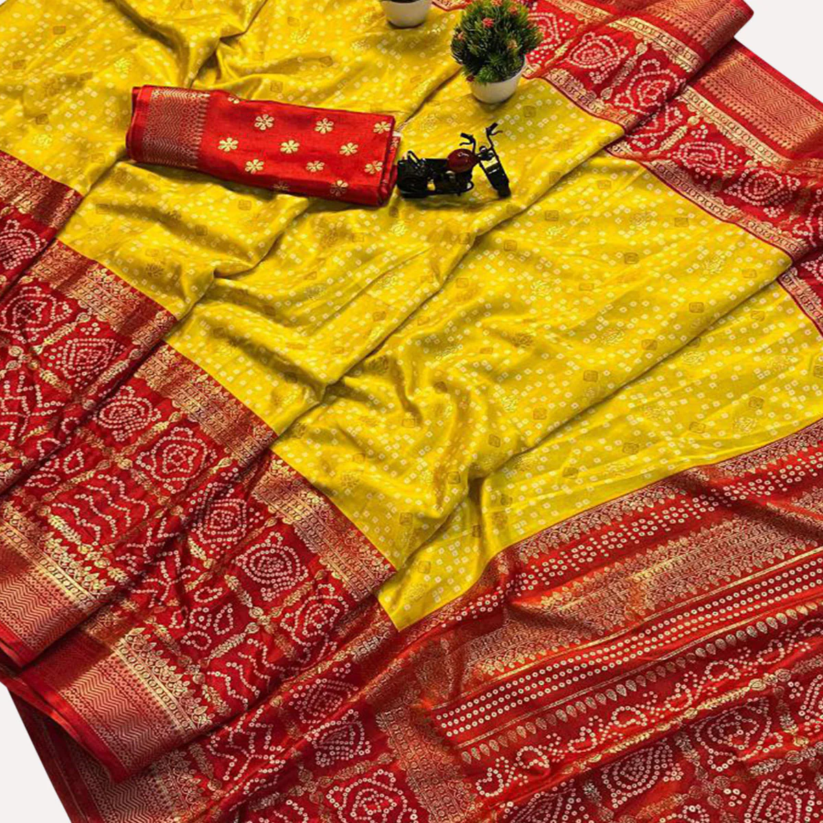 Yellow & Red Dola Silk Saree Featuring Traditional Bandhani Print & Woven Border - Image 2