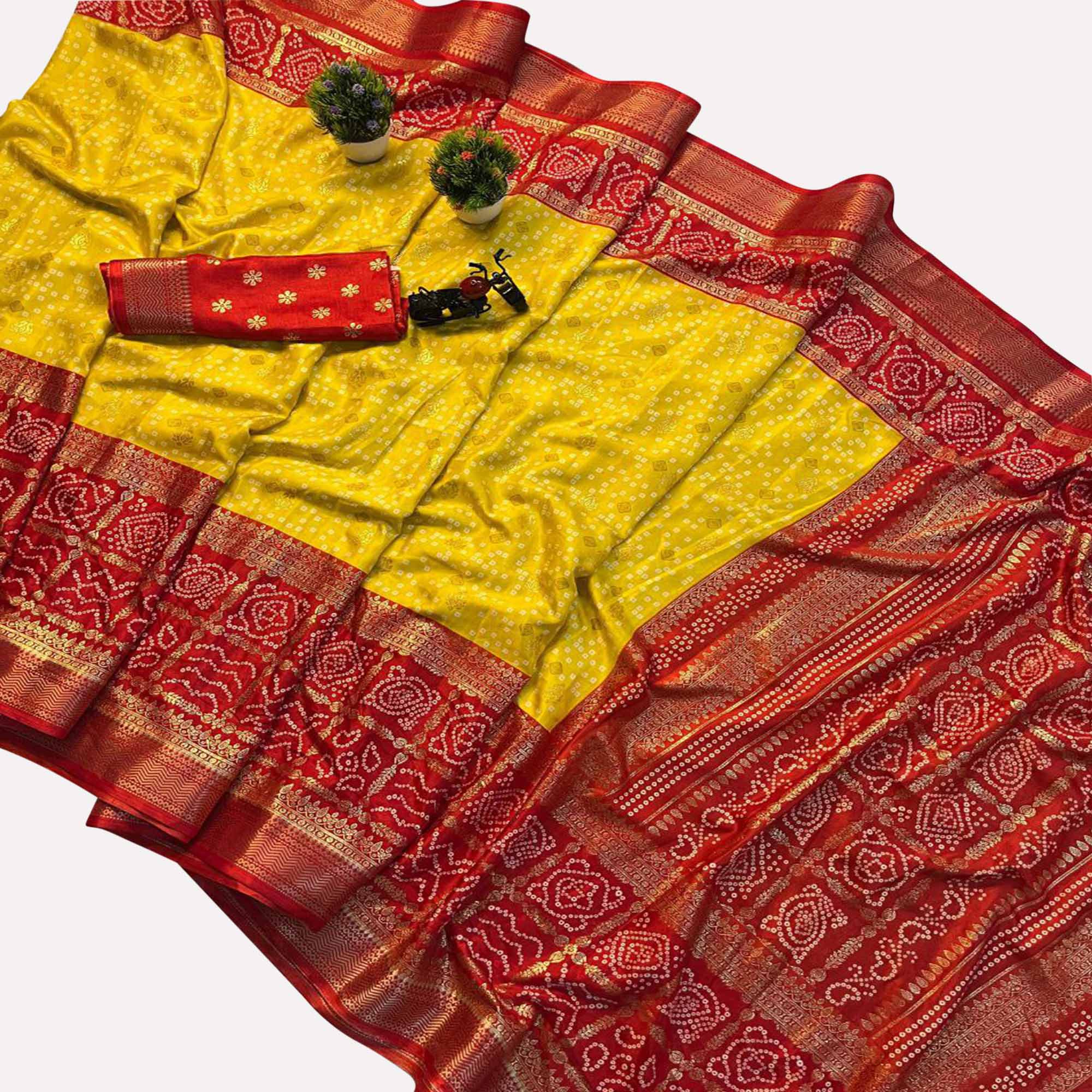 Yellow & Red Dola Silk Saree Featuring Traditional Bandhani Print & Woven Border - Image 3
