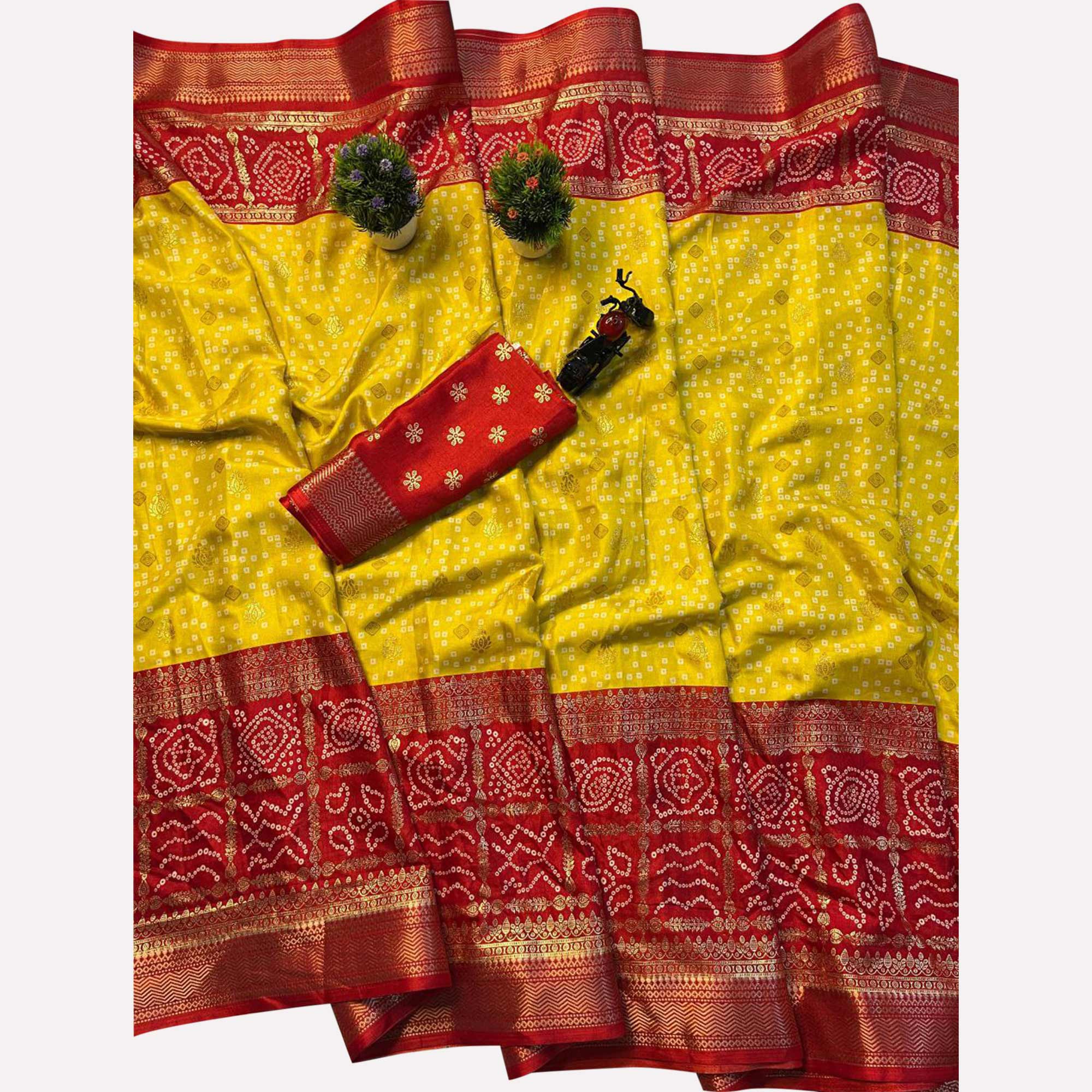 Yellow & Red Dola Silk Saree Featuring Traditional Bandhani Print & Woven Border - Image 4