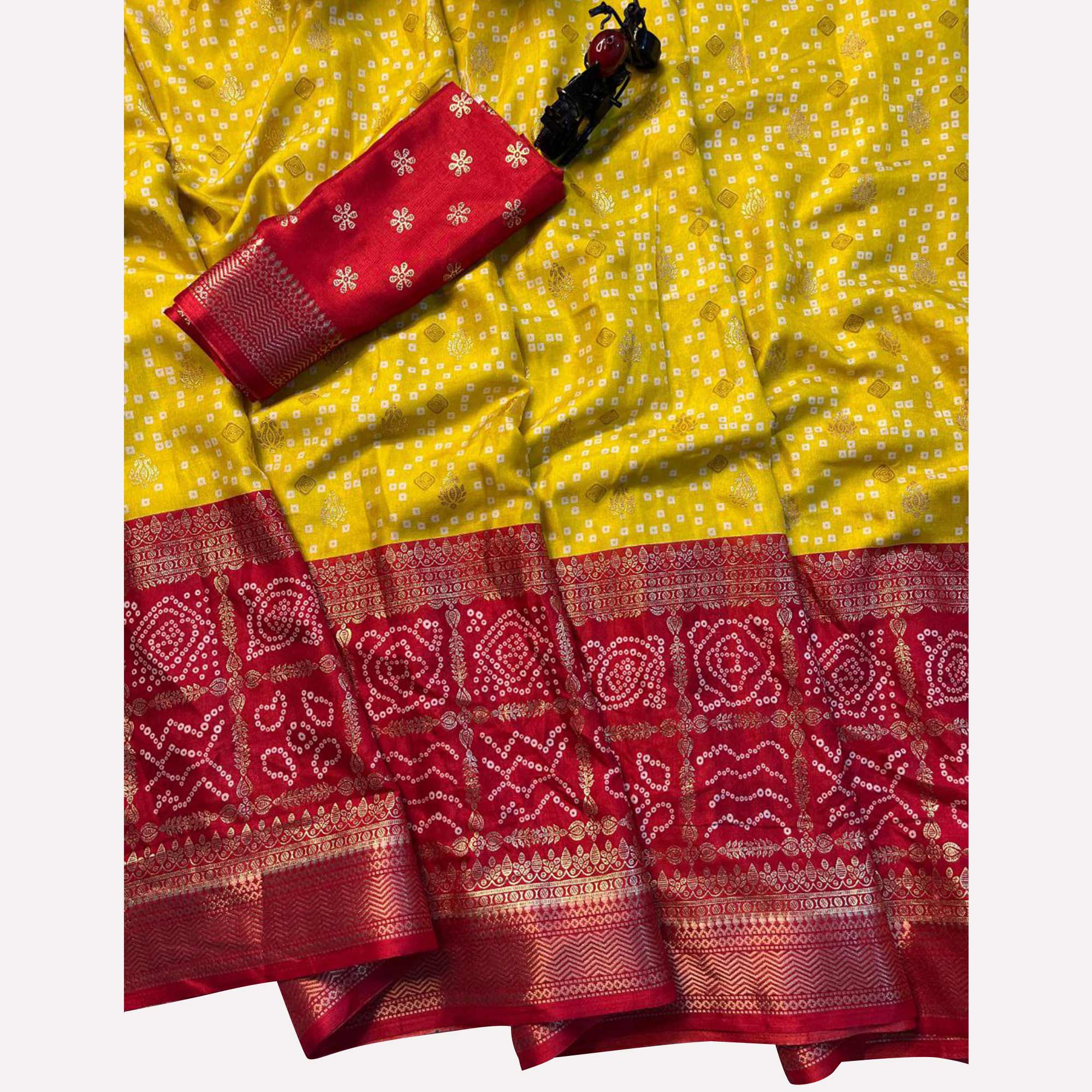 Yellow & Red Dola Silk Saree Featuring Traditional Bandhani Print & Woven Border - Image 5