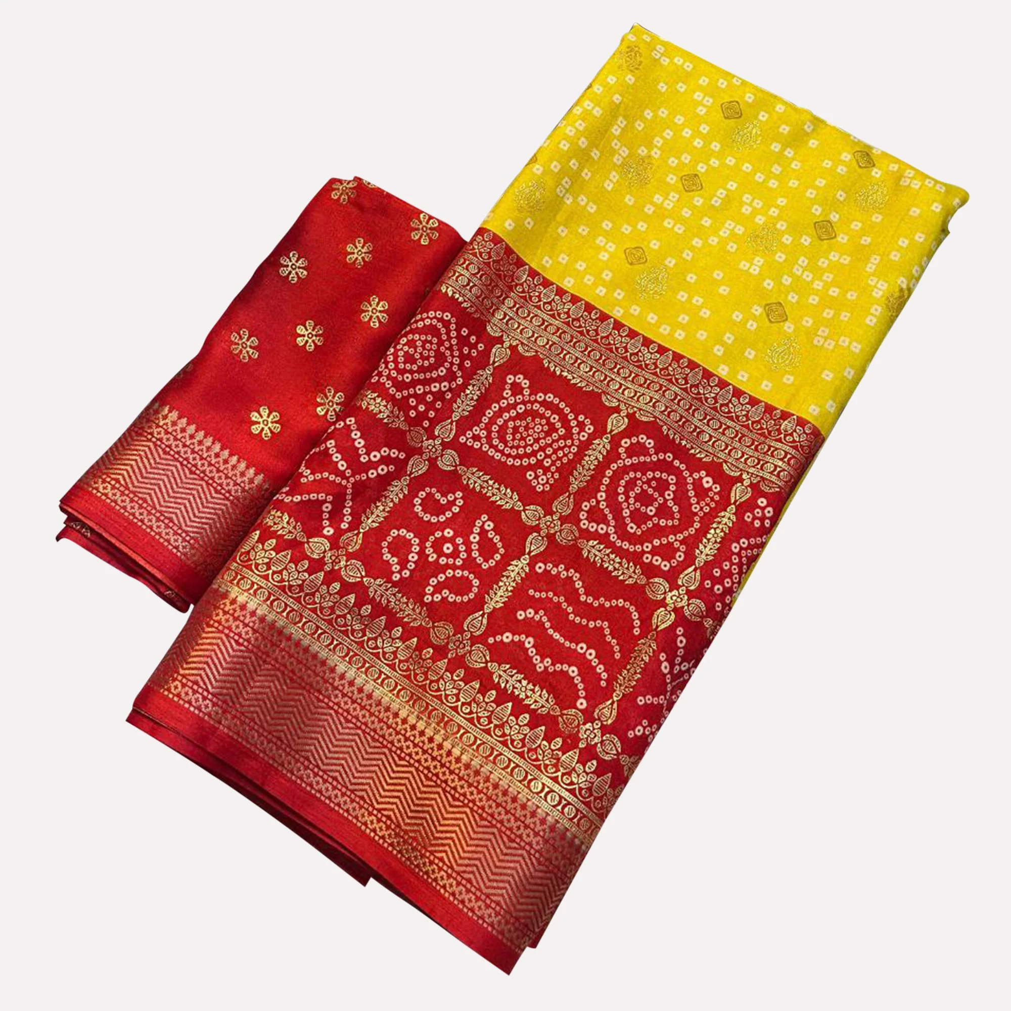 Yellow & Red Dola Silk Saree Featuring Traditional Bandhani Print & Woven Border - Image 6