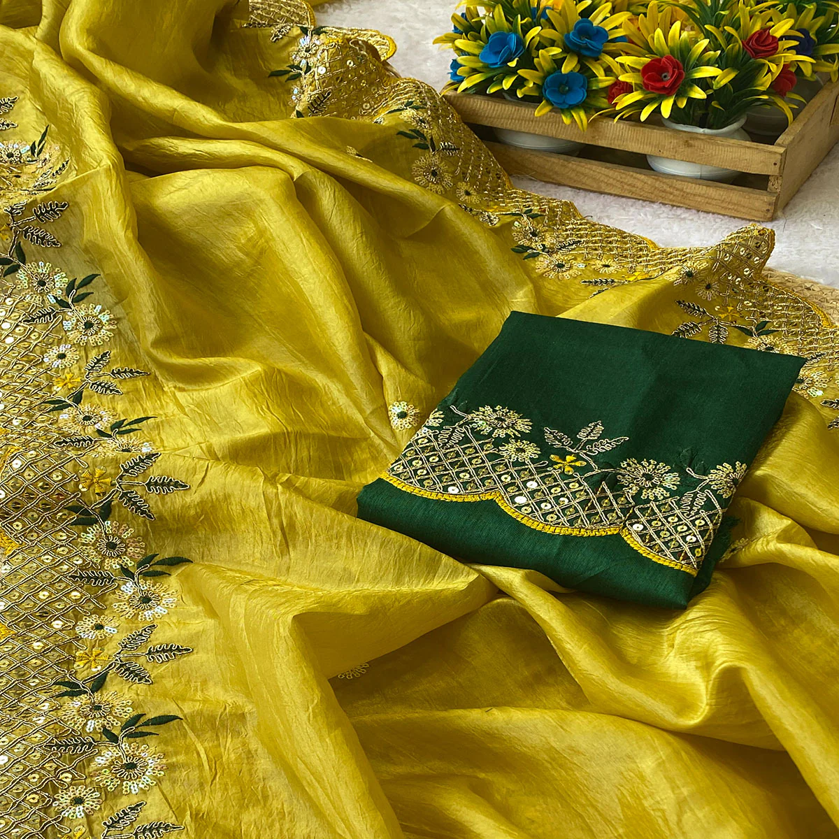 Yellow Saree in Tissue Fabric with Feminine Floral Embroidery - Image 2