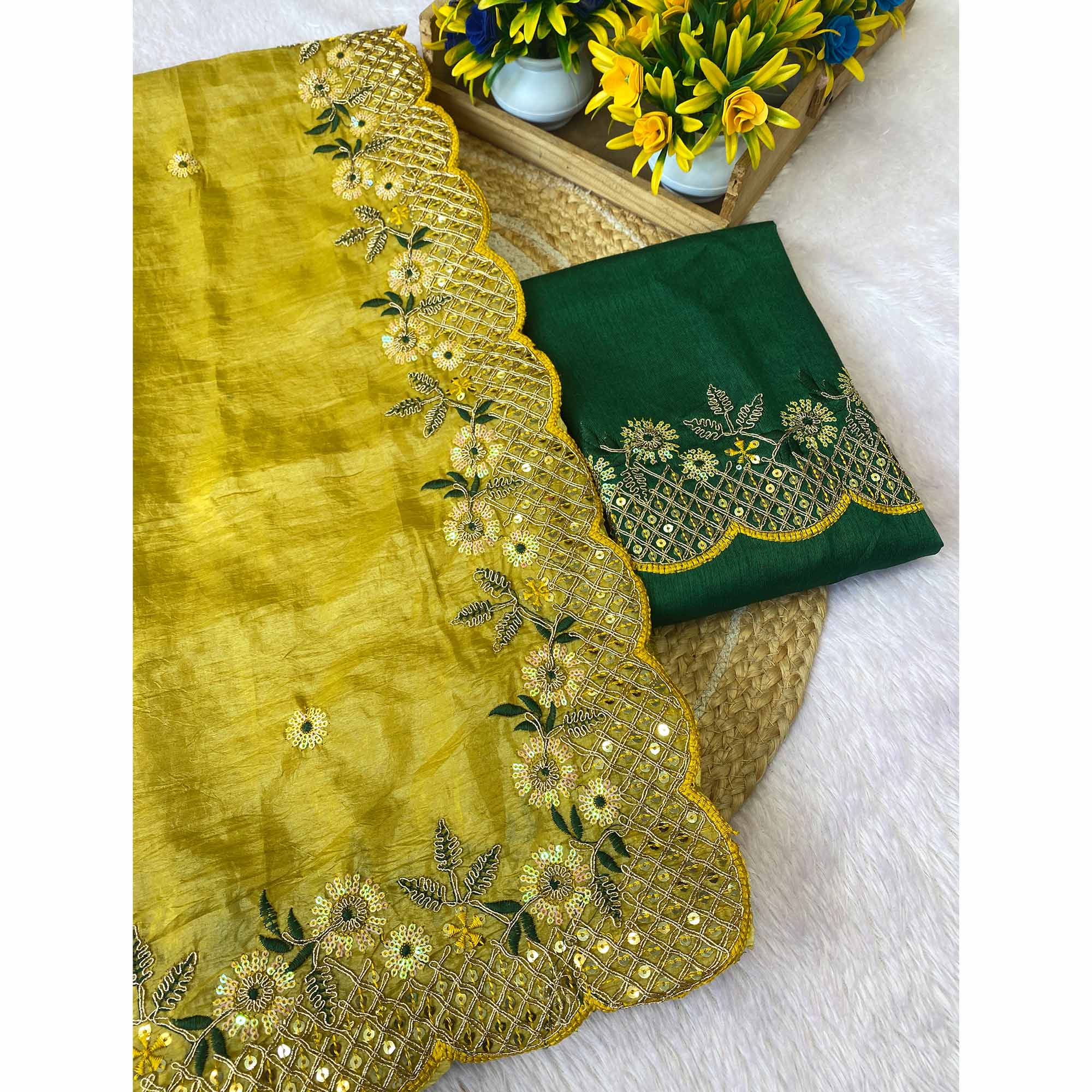 Yellow Saree in Tissue Fabric with Feminine Floral Embroidery - Image 3