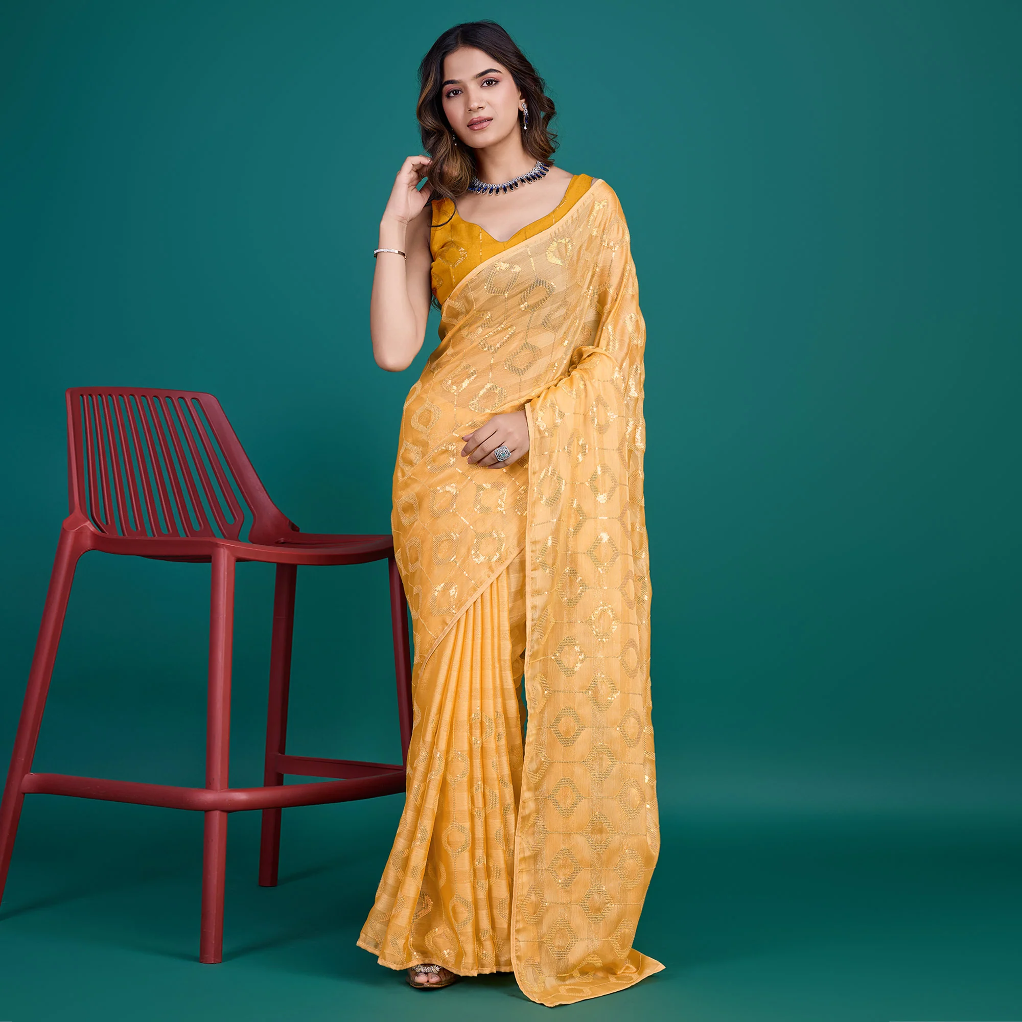 Yellow Sequin Embroidered Georgette Saree - Image 2