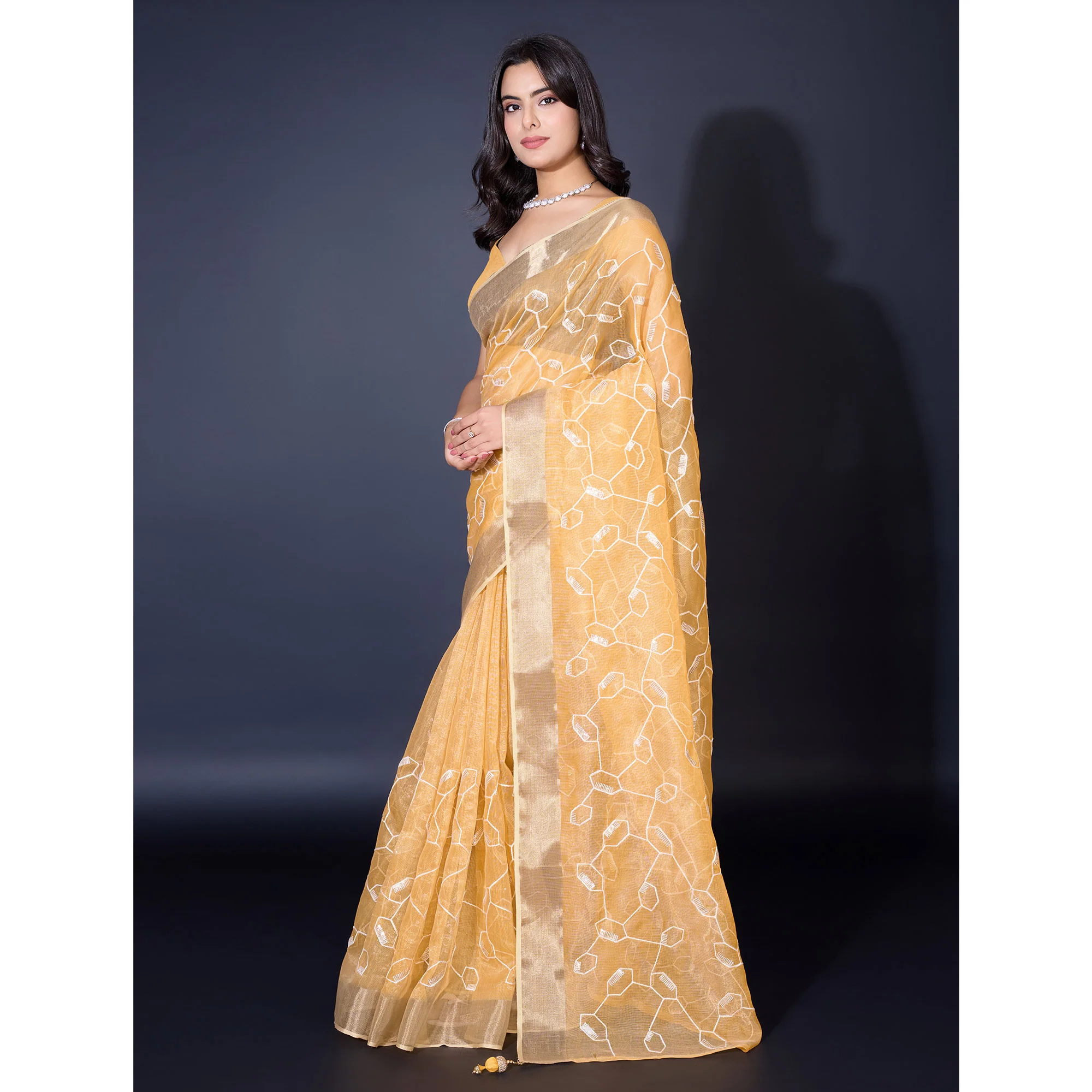 Yellow Sequins Embroidered Cotton Silk Saree - Image 4