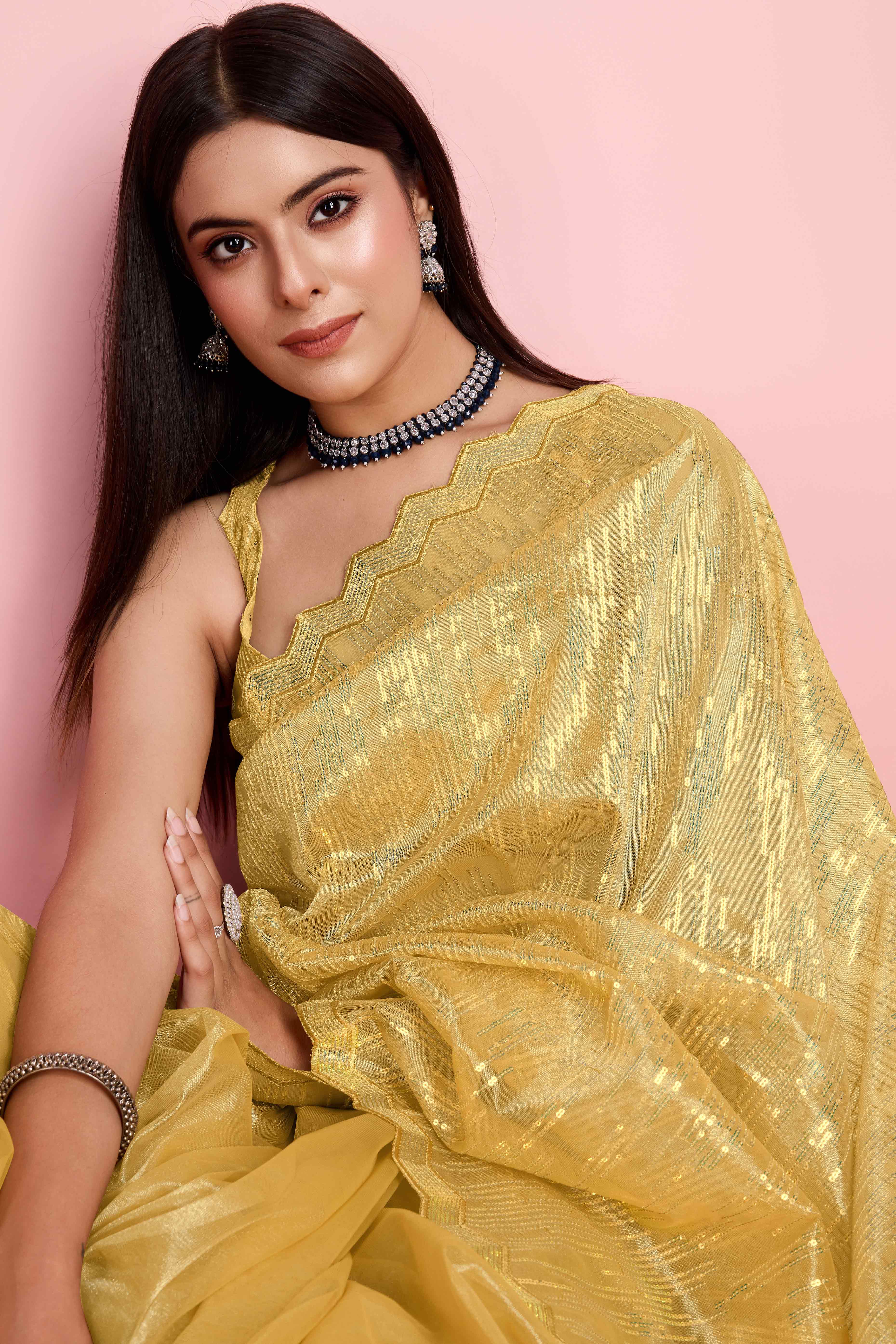Yellow Sequins Embroidered Silver Twill Net Saree - Image 6