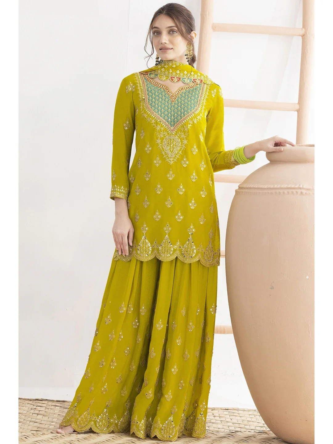 Yellow Sequins & Thread Embroidered Chinon Semi-Stitched Dress Material