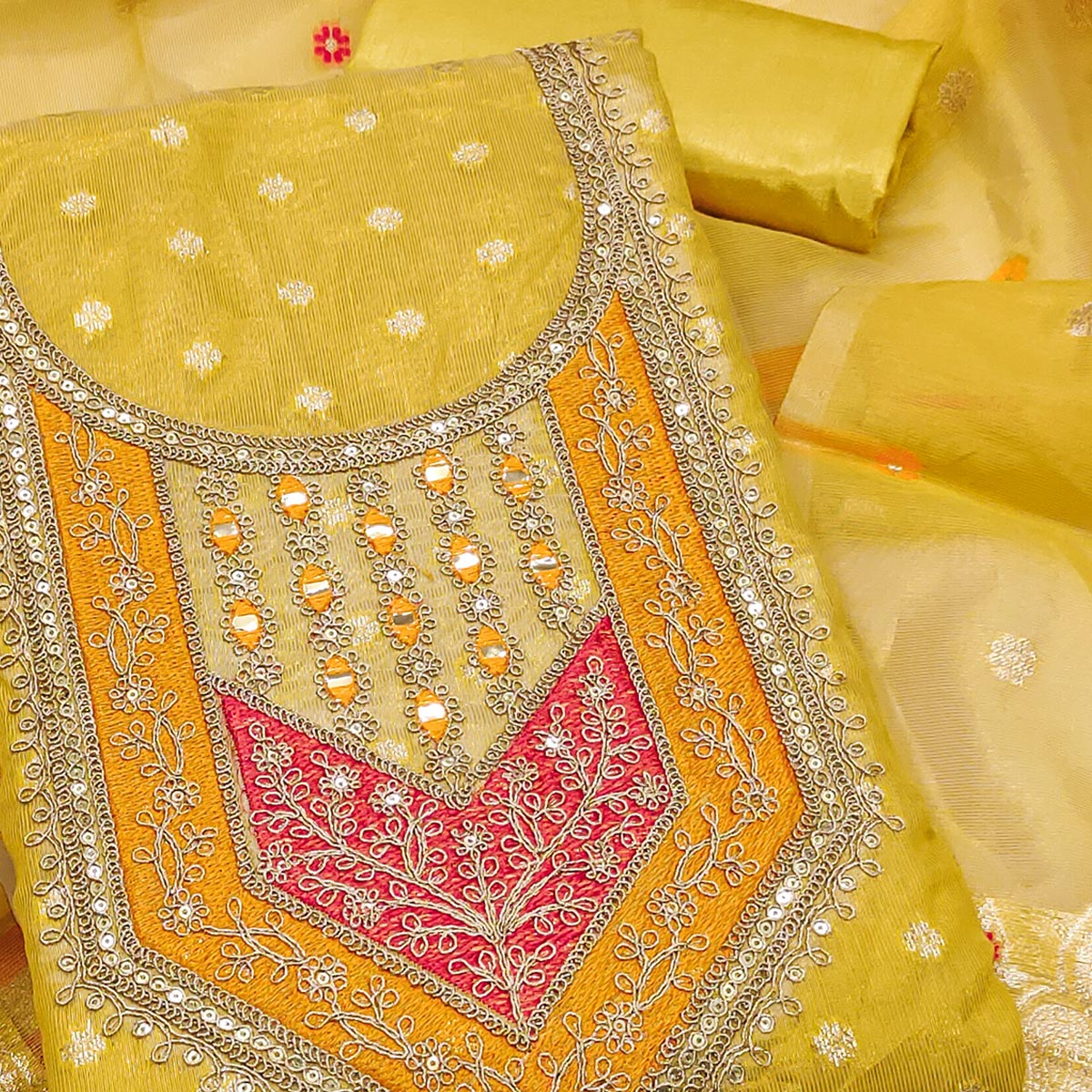 Yellow Shimmer Dress Material Featuring Floral Weaving & Sparkling Sequins Embroidery - Image 2