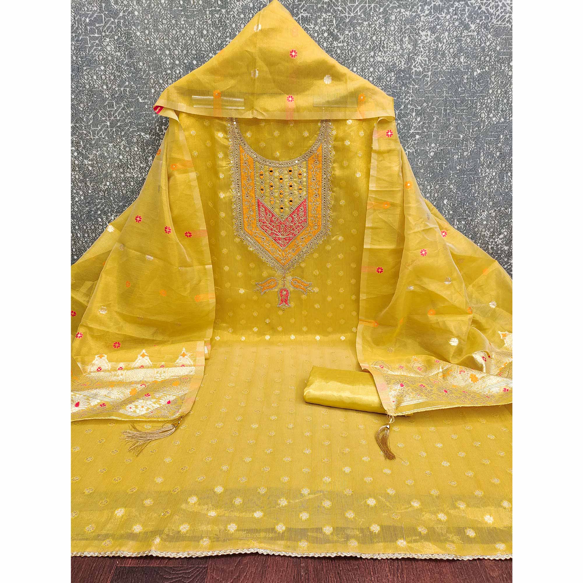 Yellow Shimmer Dress Material Featuring Floral Weaving & Sparkling Sequins Embroidery - Image 3