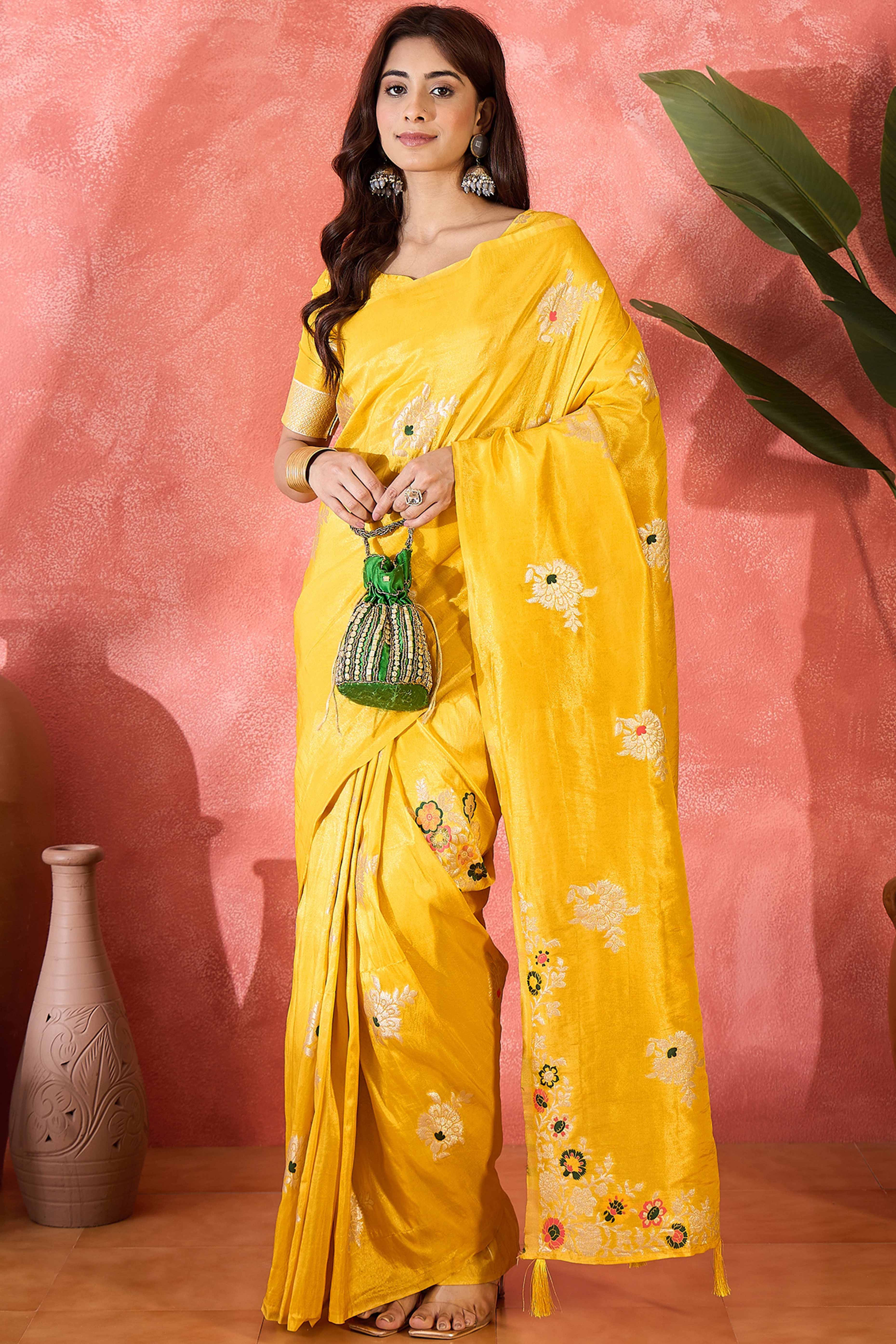Yellow Shimmer Saree Featuring Intricate Floral Zari Weaving & Tassel Finish - Image 4
