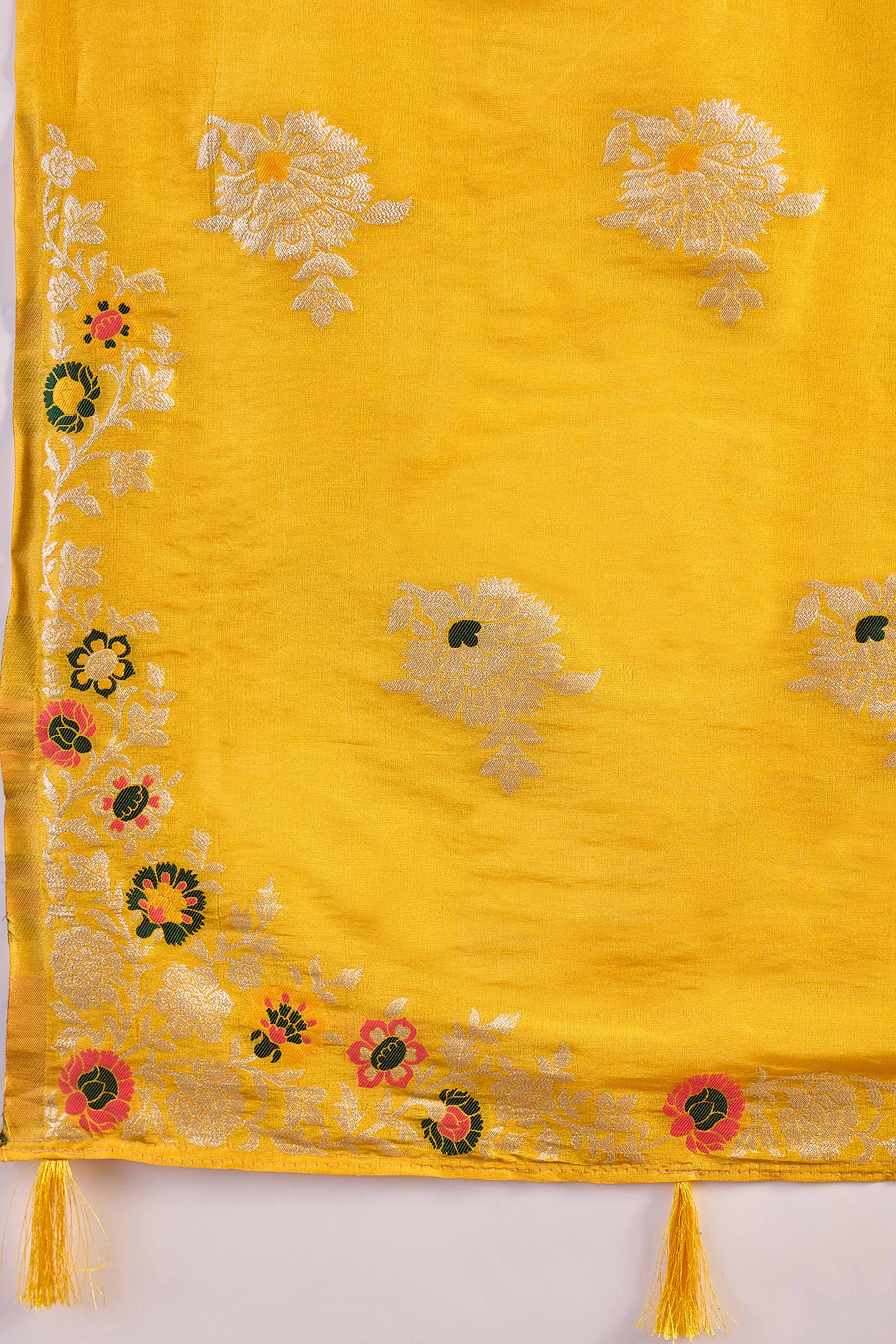 Yellow Shimmer Saree Featuring Intricate Floral Zari Weaving & Tassel Finish - Image 8
