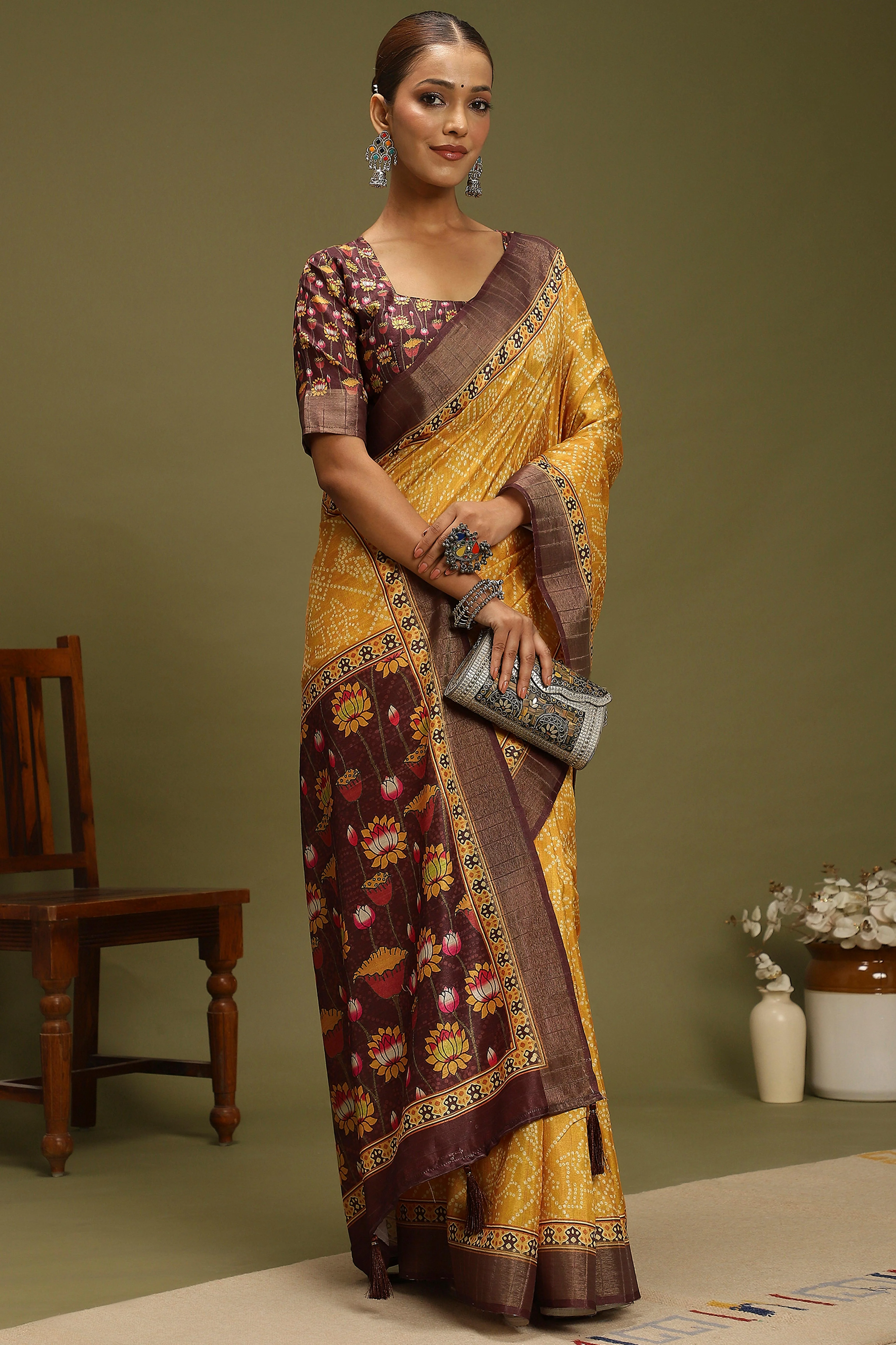 Yellow Silk Blend Saree Decorated with Vibrant Bandhani Prints and Festive Detailing - Image 4