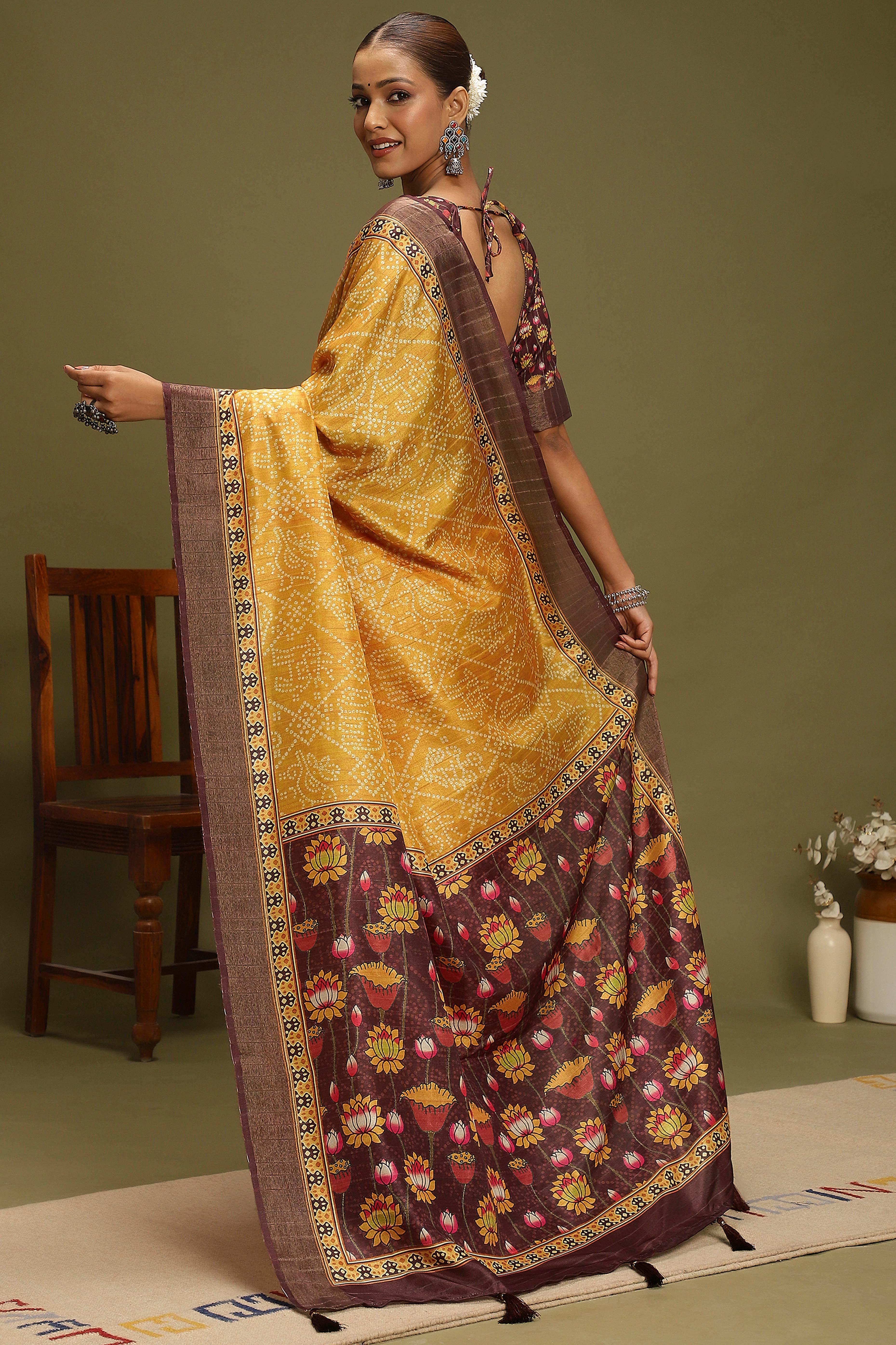 Yellow Silk Blend Saree Decorated with Vibrant Bandhani Prints and Festive Detailing - Image 5