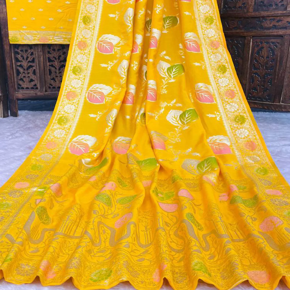 Yellow Soft Dola Silk Saree Adorned with Intricate Meenakari-Style Weaving - Image 2