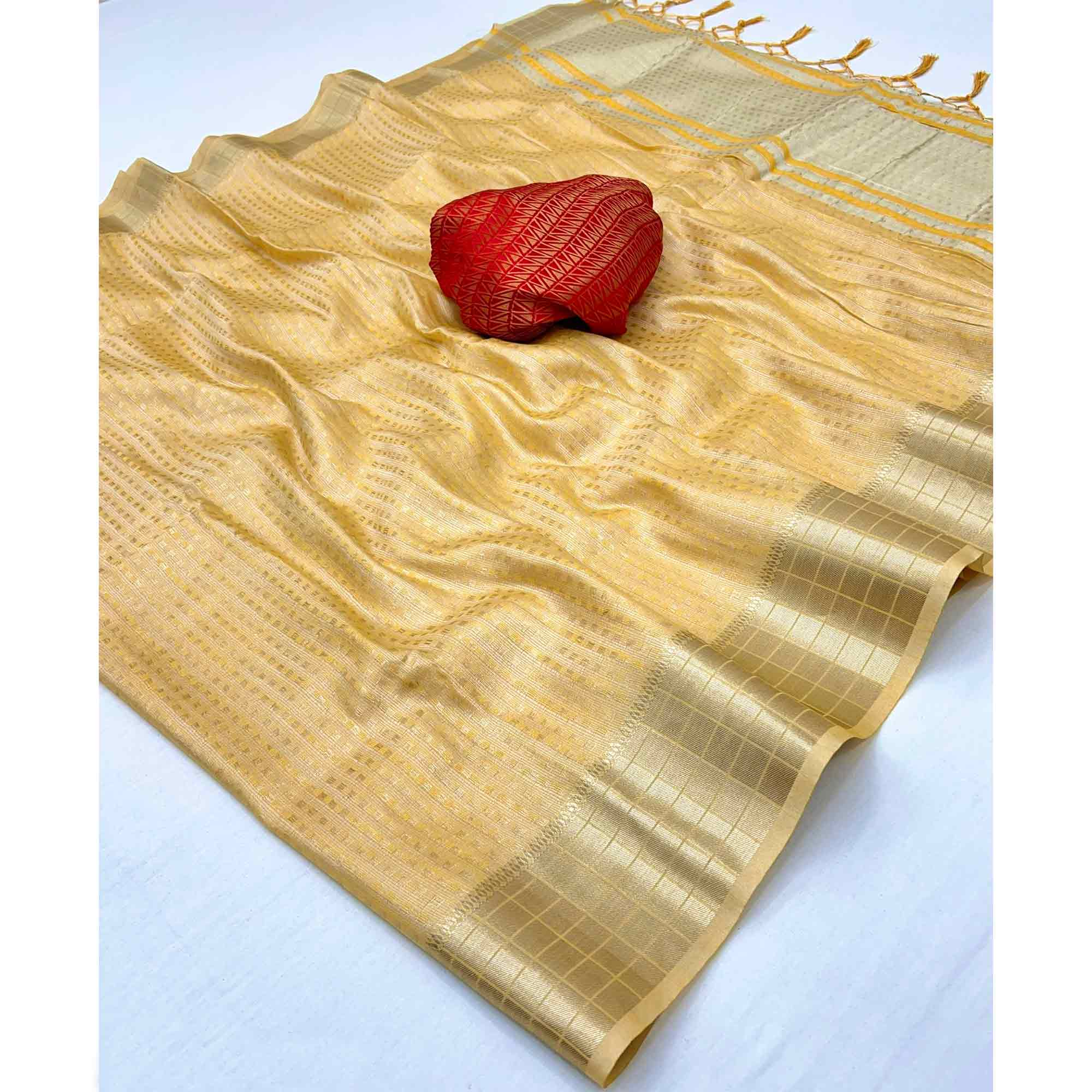 Yellow Soft Tissue Saree Featuring Rich Zari-Woven Detailing. - Image 3