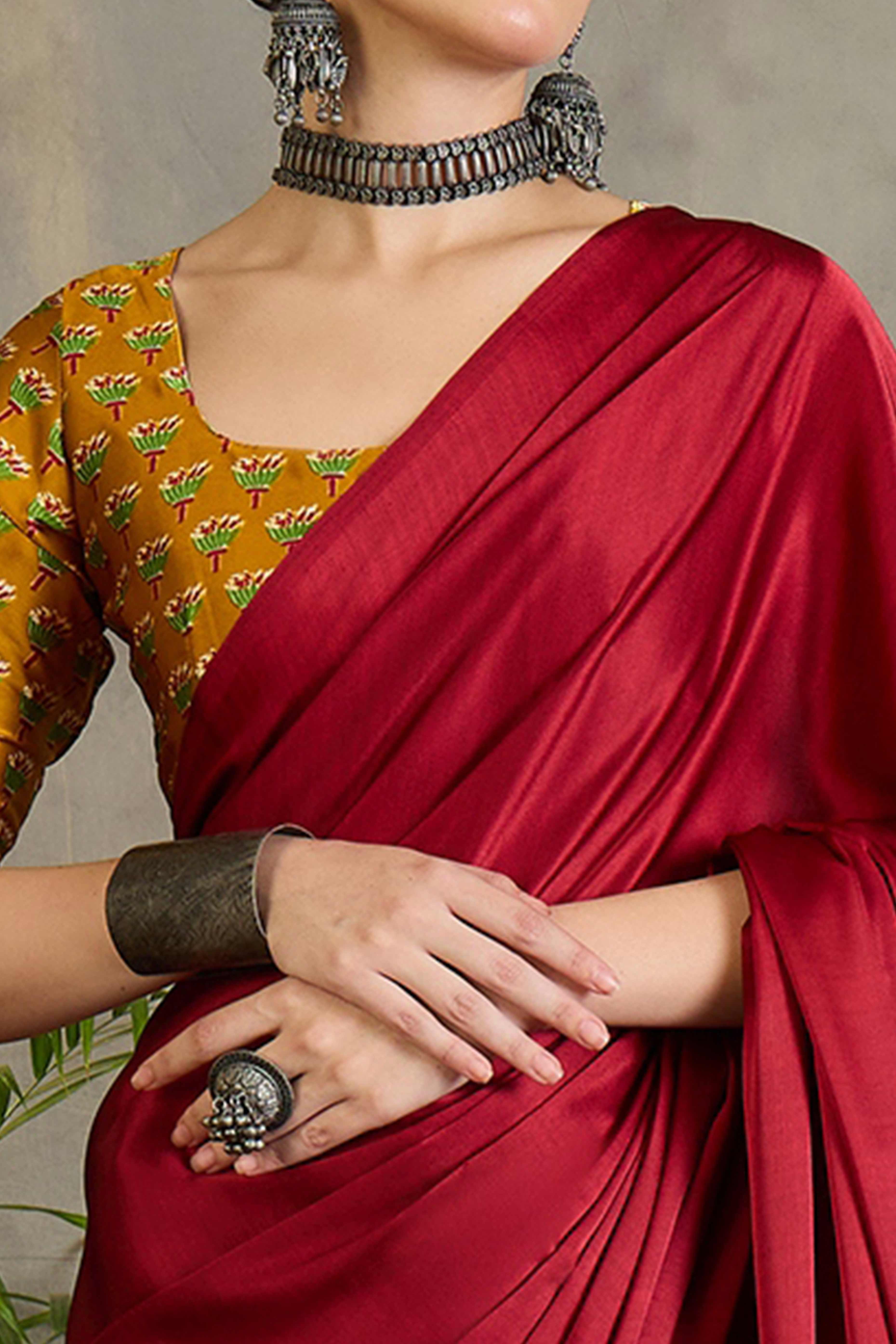 Yellow Solid Modal Satin Saree Highlighted with Classic Ajrakh Pallu Design - Image 2