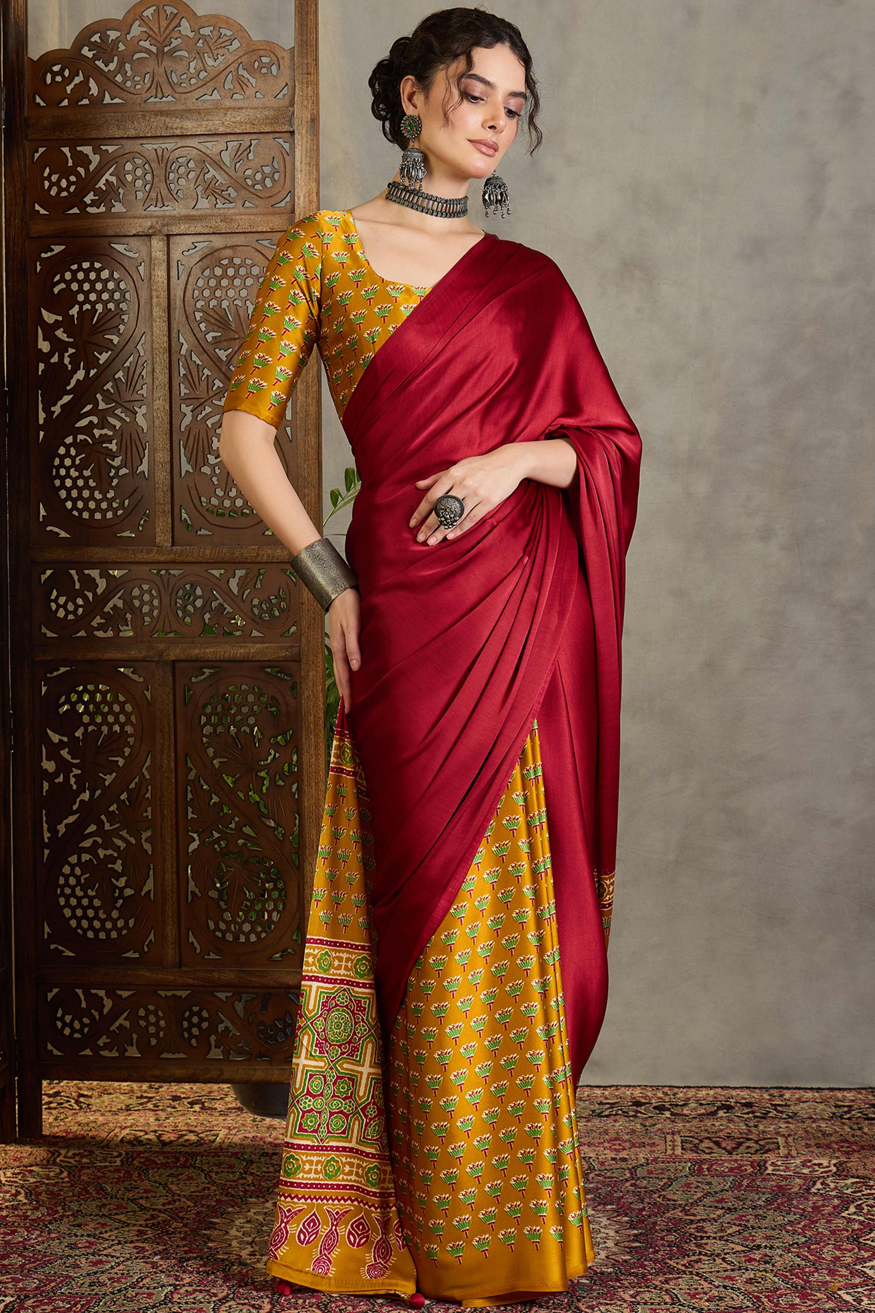 Yellow Solid Modal Satin Saree Highlighted with Classic Ajrakh Pallu Design - Image 3